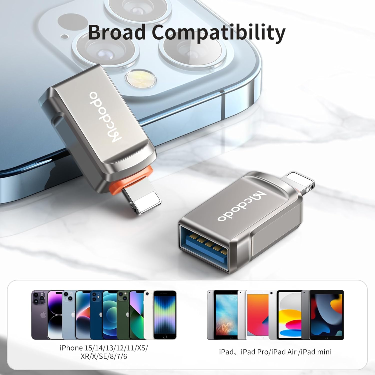 McDodo OTG adapter showing broad compatibility with various iPhone and iPad models