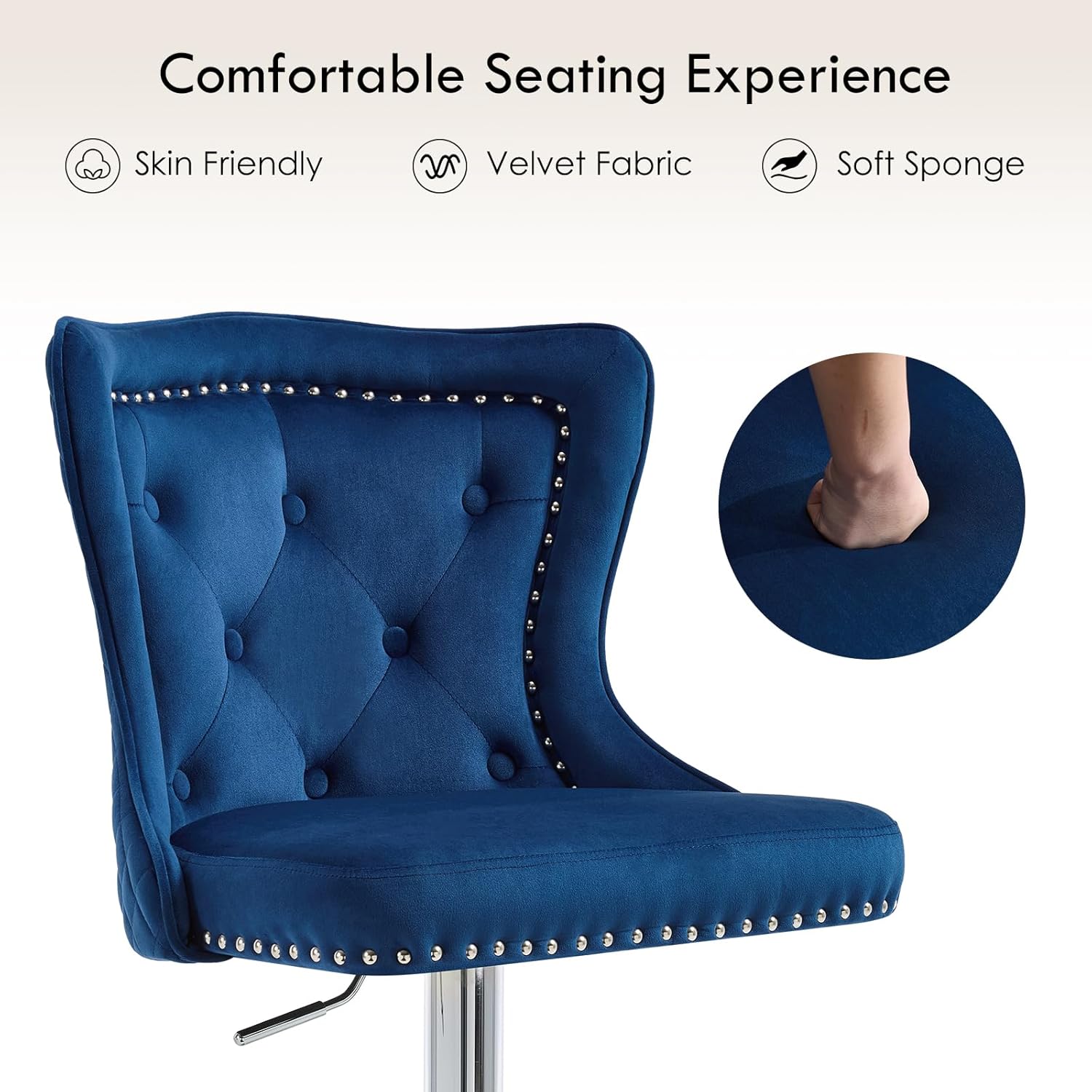 Bar Stools Set of 2, Adjustable Velvet Counter Barstools with Botton Tufted Back Swivel Upholstered Comfy Chairs Lion Head Pull Ring Silver Base for Kitchen Island, Dining Room, Dark Blue