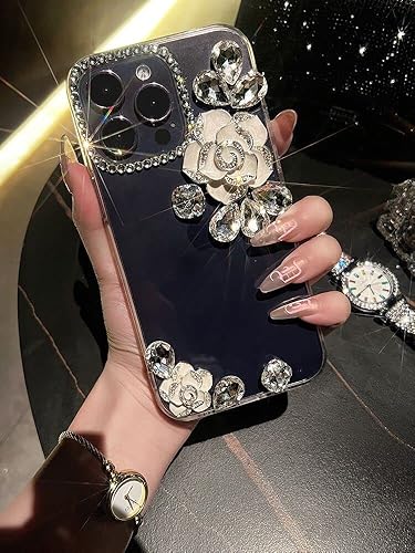 Miniatura 4 de iFiLOVE Funda para iPhone 15 Pro Camellia, para niñas y mujeres, 3D, de lujo, brillante, con diamantes de imitación, Camellia, funda protectora para