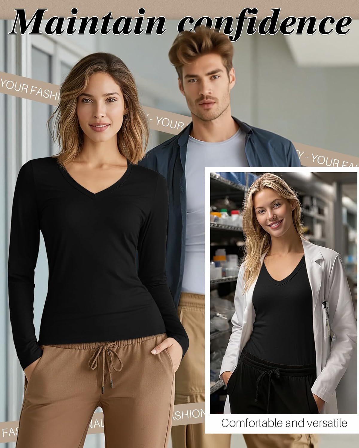 4 Pack Women's Under Scrubs Long Sleeve V Neck Shirts Slim Fit Stretchy Undershirt Basic Casual Tops for Nurse - Image 2