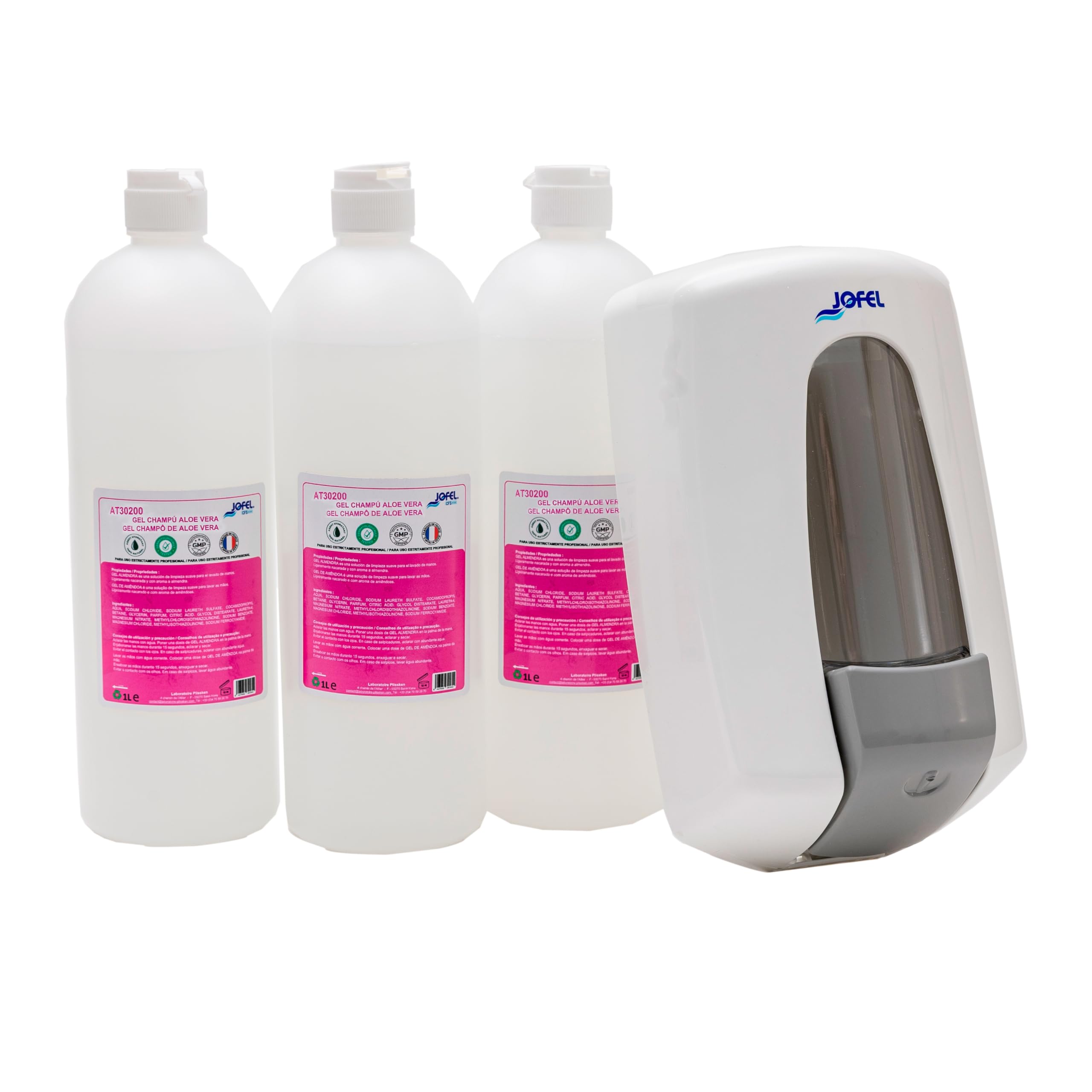 Jofel AT30270 Aitana Distributeur de Savon Blanc + 3 litres de Savon Gel shampooing Aloe, Rechargeable d'une capacité de 0,9 l, Valve Anti-Corrosion et Anti-Goutte, boîtier ABS
