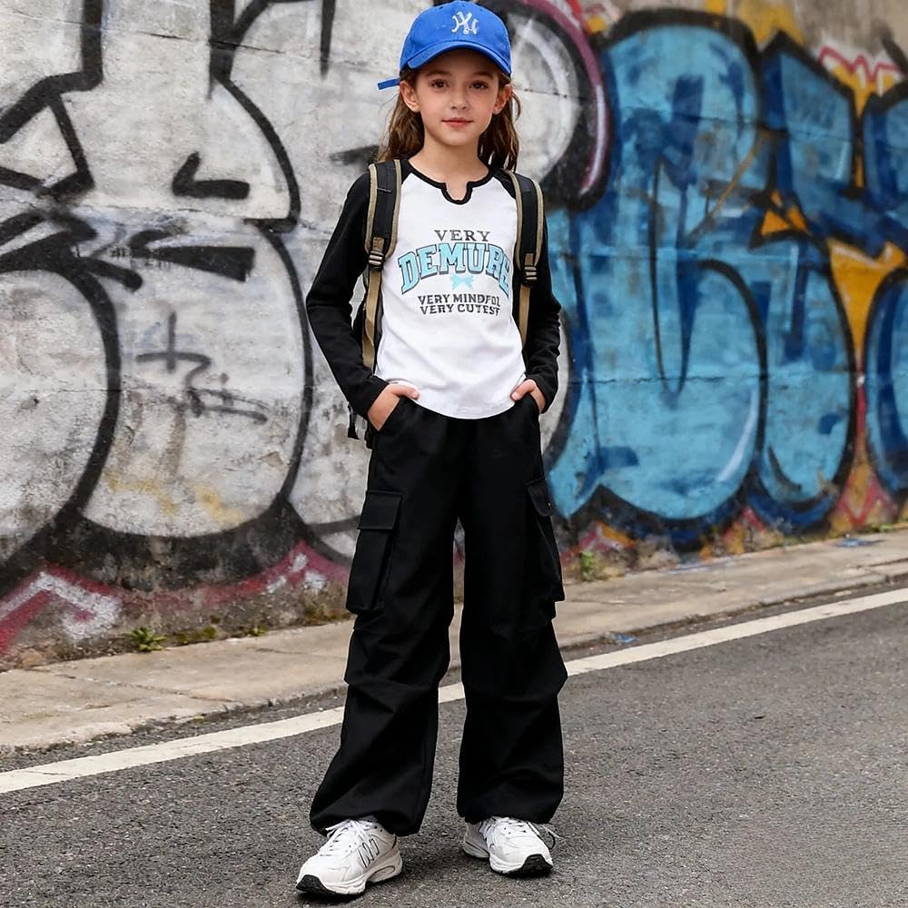 Sizes 5-12 Years Girls 2 Piece Outfit Fashion T-Shirt Top + Cargo Pants Girls Fall Clothing Set - Image 2