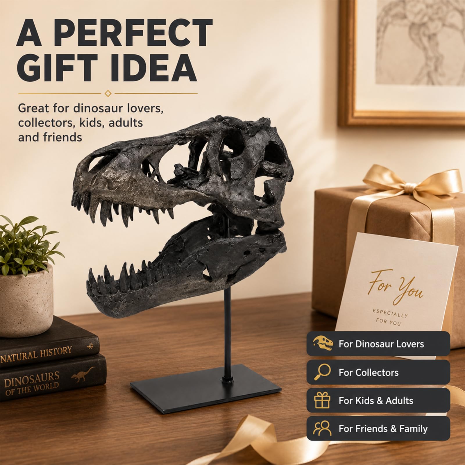 Statua a forma di teschio di dinosauro, in resina con supporto, supporto per sculture di dinosauro, per la decorazione della casa e dell'ufficio, 24 x 14 x 31 cm