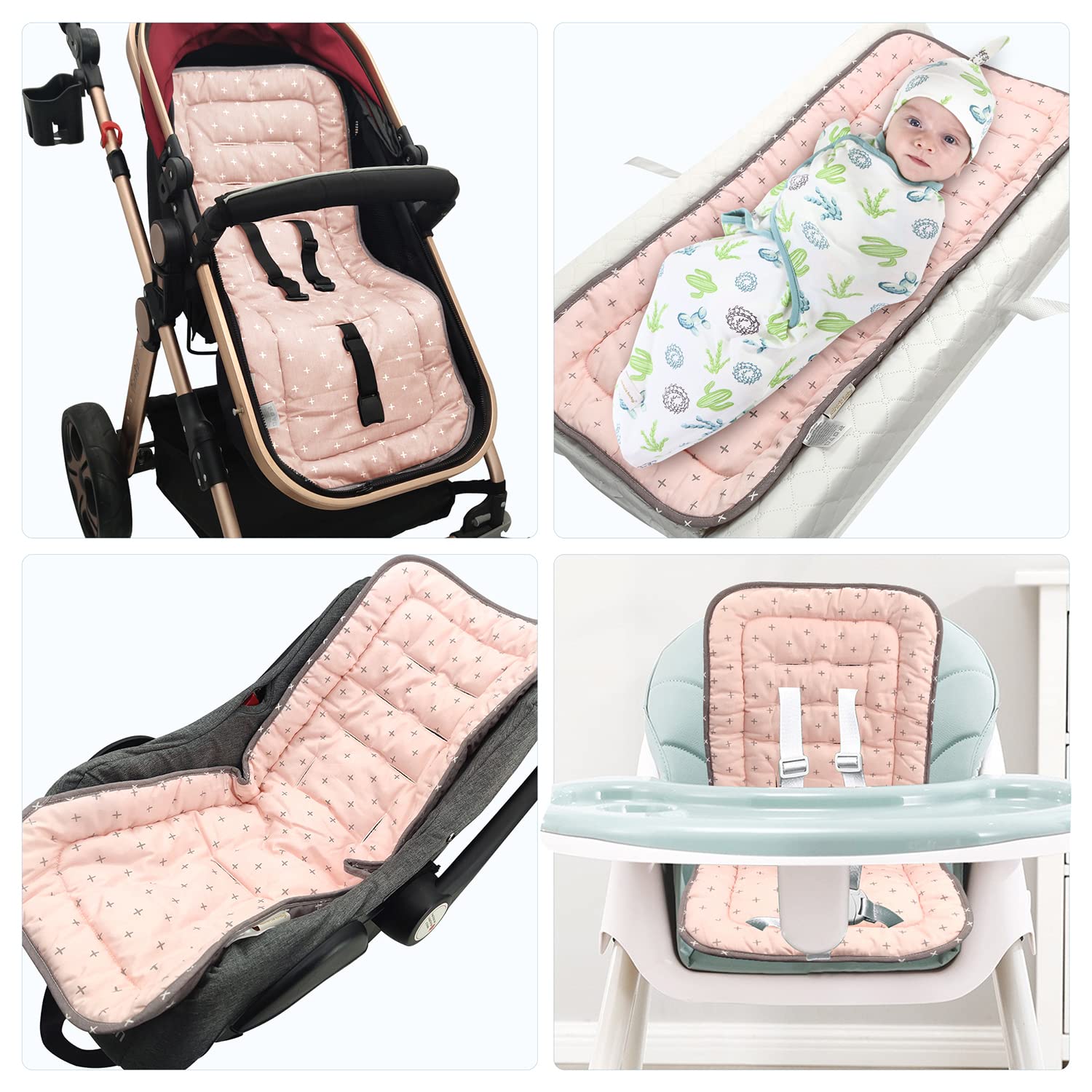 Baby Pushchair Seat Liners, Pram Liner Universal 100% Cotton Pushchair Liner Thick Baby Stroller Liner Pad Seat Cover Seat Cushion Pad Stroller Pram Pushchair for Toddler Infant (Pink Cross) — view 5
