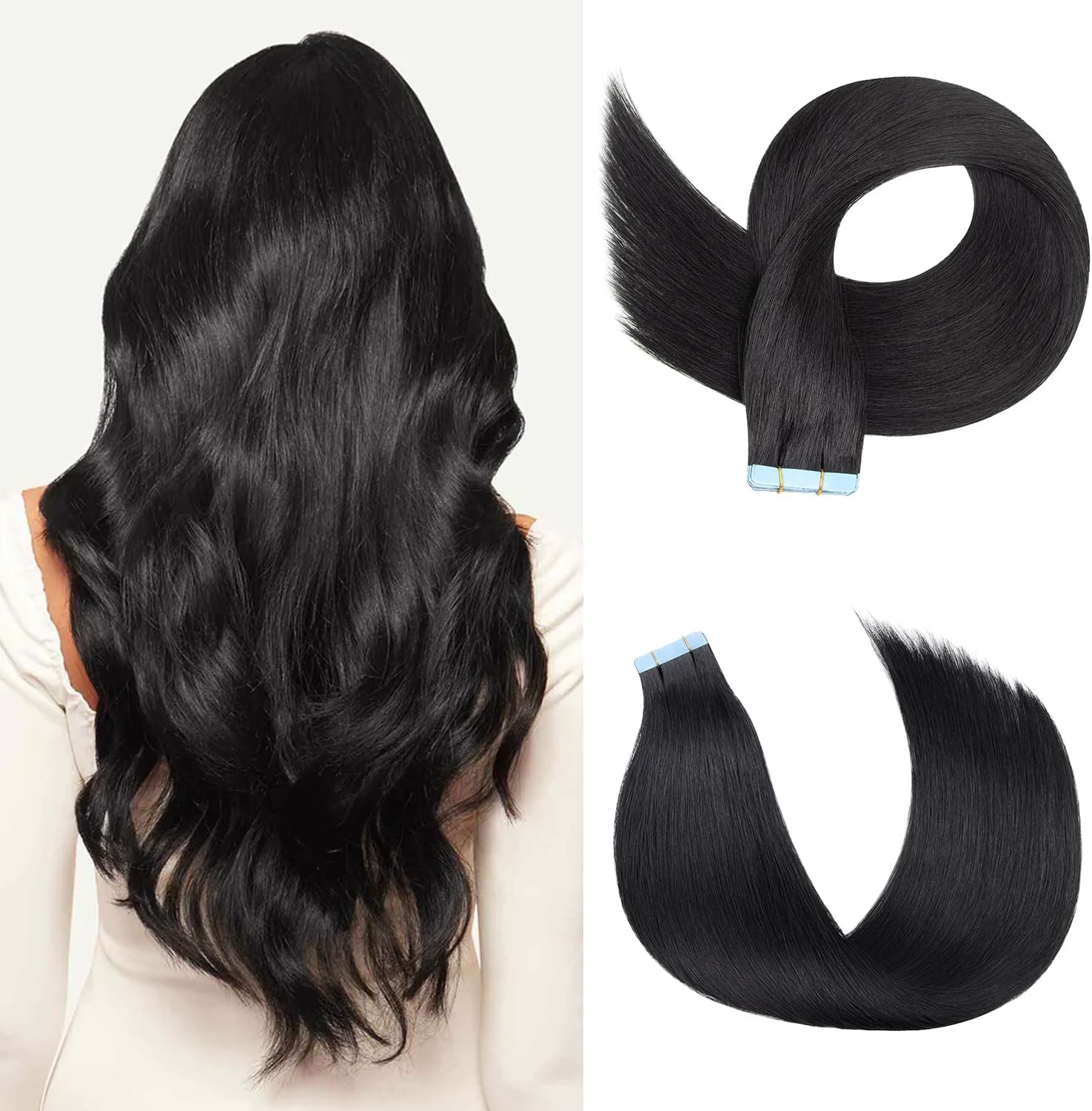 โ 18Inch Tape Extensions for Women, Natural Black Tape In Extensions Human Hair, Straight Invisible Remy Hair Extensions 20pcs 50g