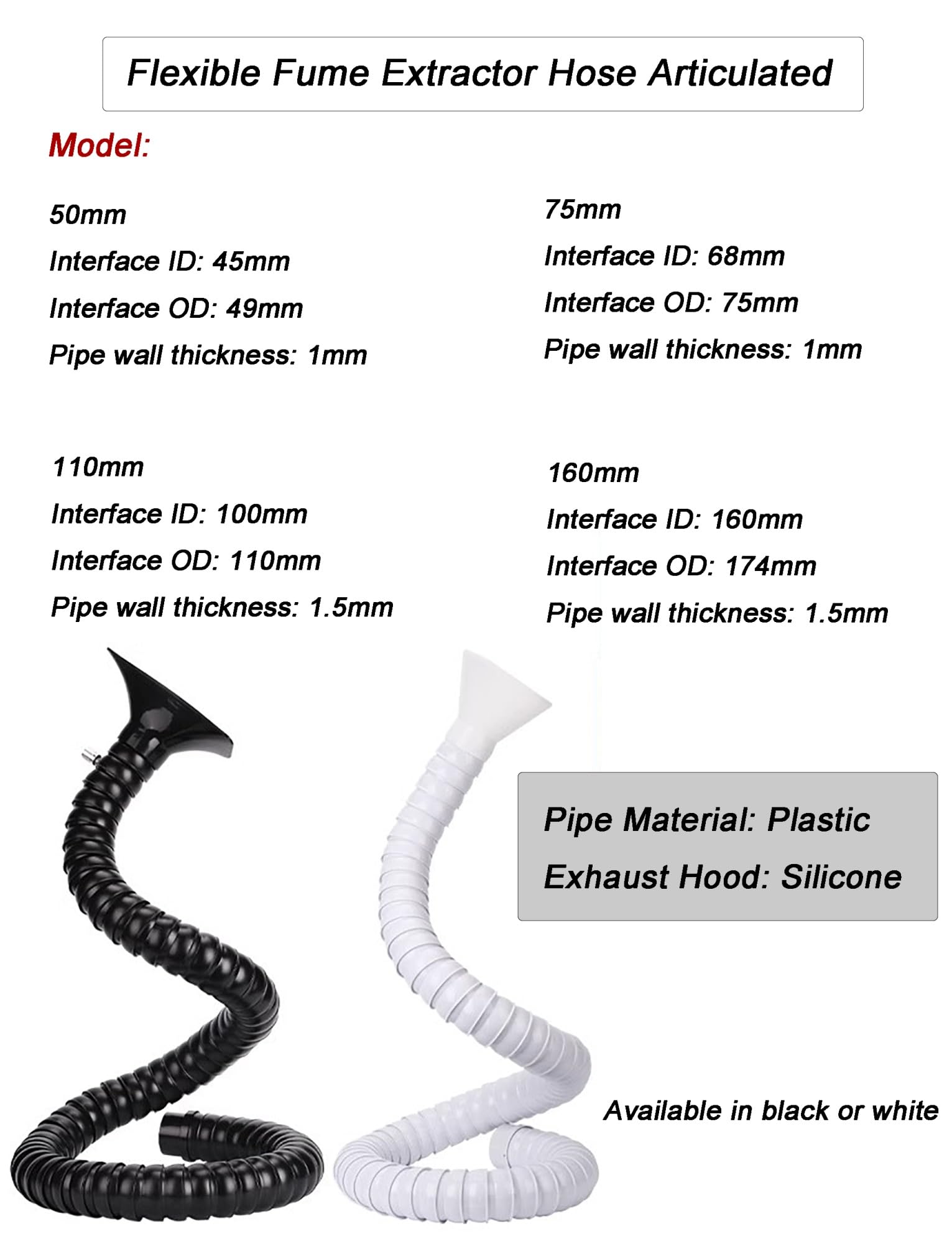 Brazo extractor de humos industrial, manguera flexible de 2" y 3" con campana, ajustable 360° for aspiradoras industriales, soldadura y uso en laboratorio.(Black,50mm-200cm)