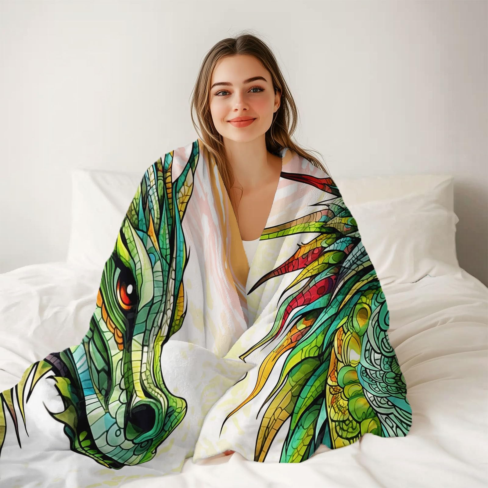 Zielony koc polarowy 200 x 220 cm, koc dziecięcy – fantazyjna głowa smoka, wzór linii, puszysty, flanelowy koc na jesień i zimę, ciepły, super miękki koc polarowy Sherpa na sofę, łóżko, krzesło