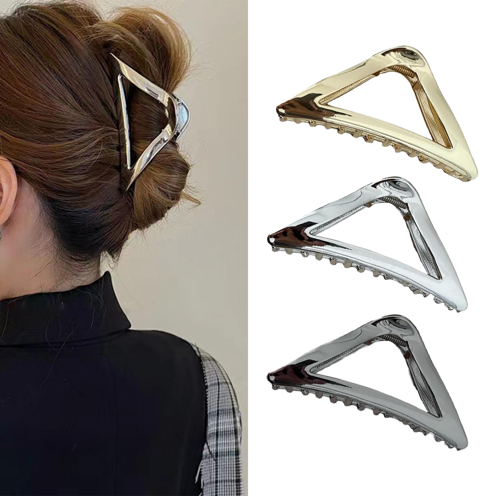 3 Pcs Large Triangle Geometric Type Metal Hair Claw Clips Fashion Elegant Nonslip Hair Clamps Simplicity Shark Clip Hair Accessories For Women Girls Thick Hair Thin Hair Styling