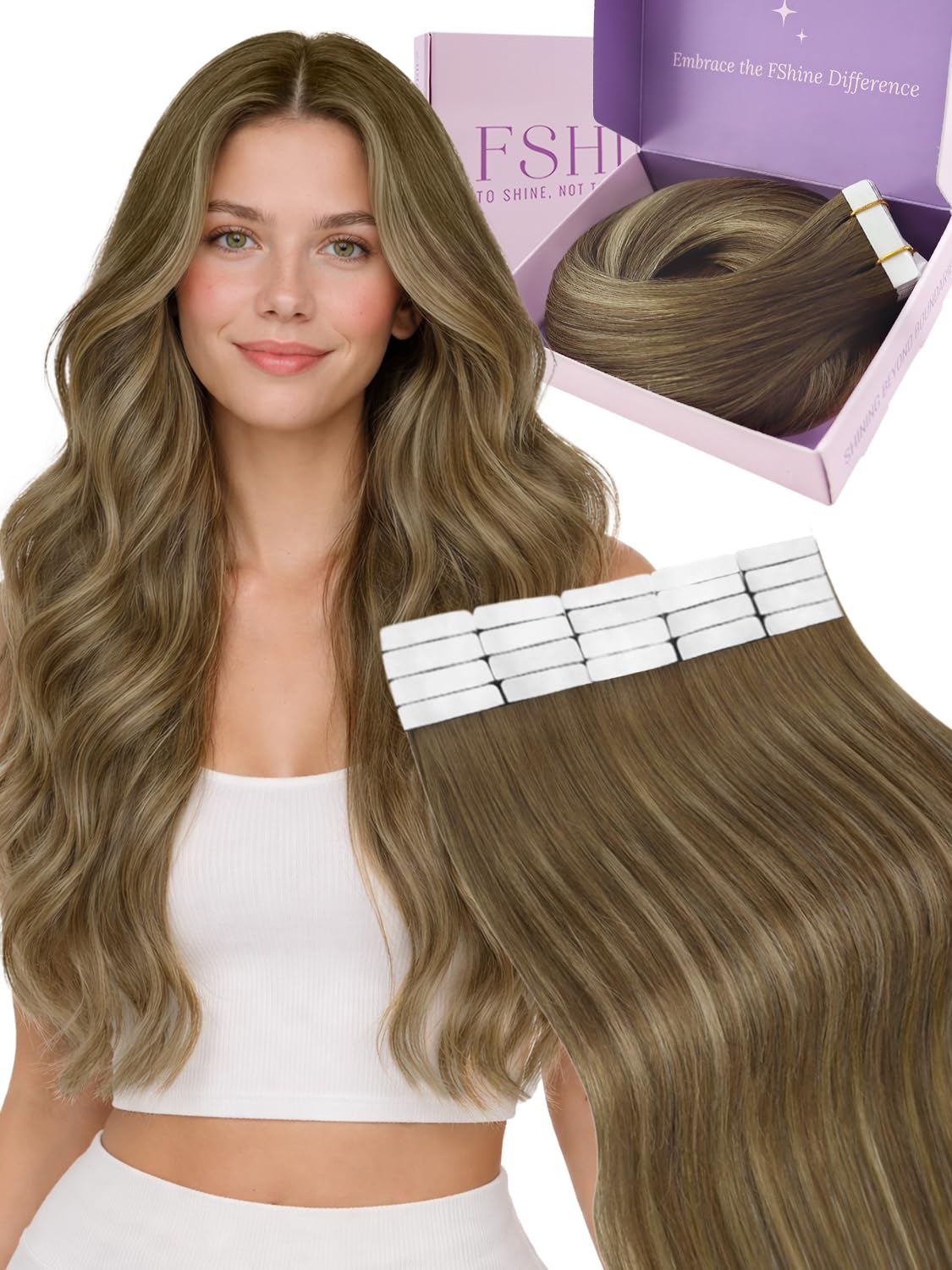 Fshine Extensiones Adhesivas Pelo Natural 20 Pulgadas 50g Cabello Humano Marrón Claro Balayage Rubio Y Marrón Claro Cinta 20Pcs Liso Color 6 60 6 — view 37