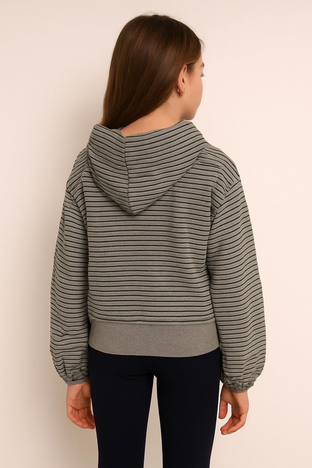 Generico Felpa Bambina Ragazza 10-16 Anni con Cappuccio – Maglia a Righe Grigia in Cotone Morbido, Maniche Lunghe con Polsini Elasticizzati, Stile Casual Comodo per Scuola e Tempo Libero