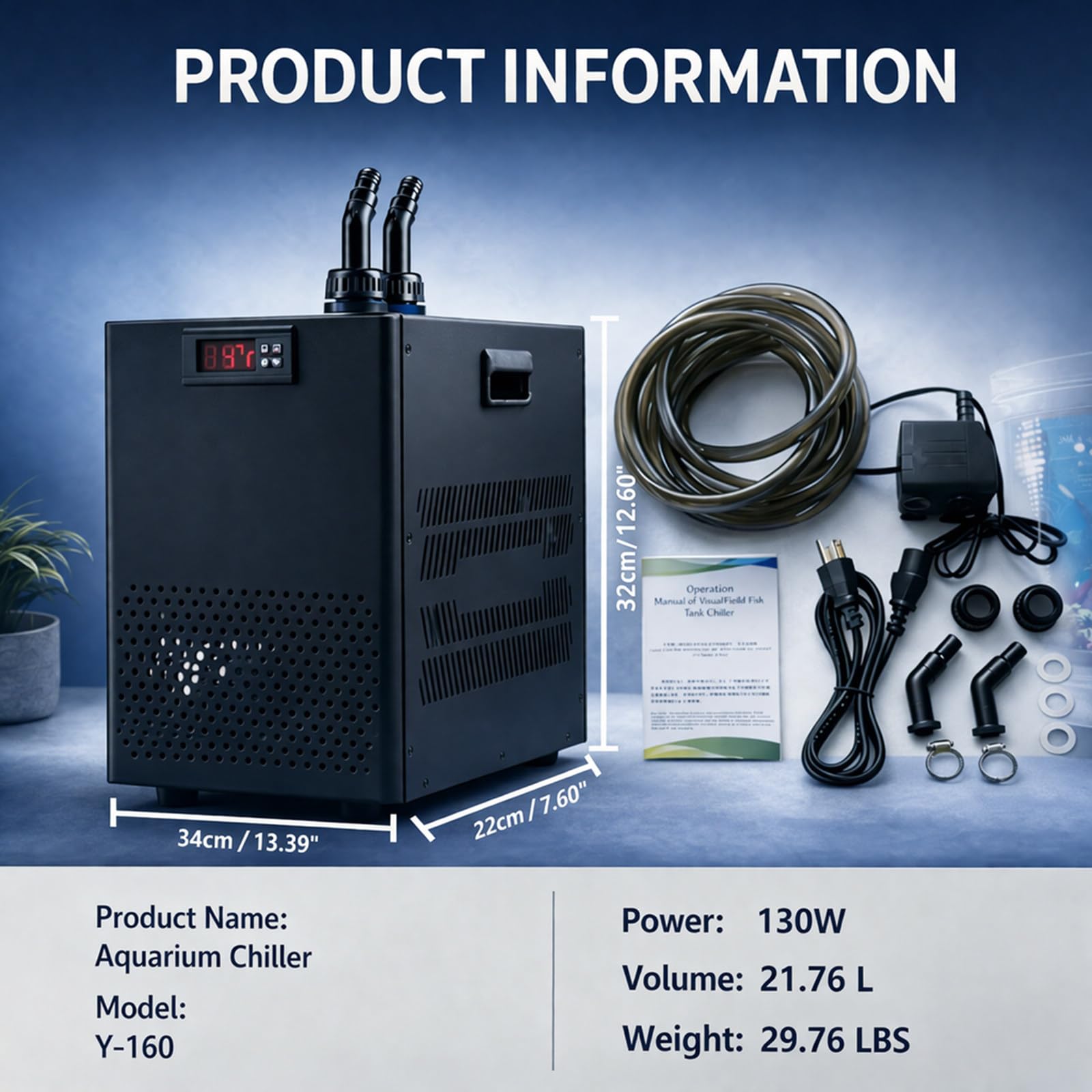 Funzionamento Silenzioso, Chiller per Acquario 160L 1/10 HP 270W, Refrigeratore per Vasca per Pesci con Controllo Digitale per Reef e Coralli