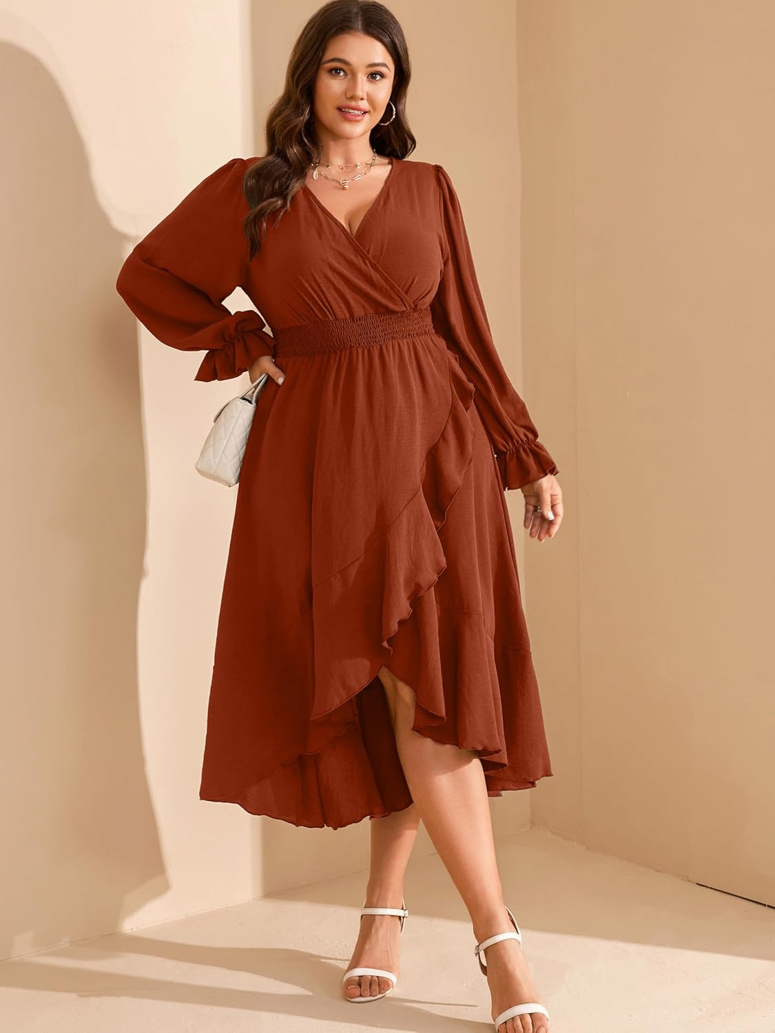 RWJ Women's Plus Size Wedding Guest Maxi Dress Wrap V Neck Long Sleeve High Low Ruffle Cocktail Fall Dresses - Image 4