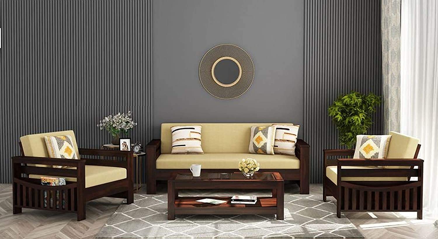 Decorworlds Solid Sheesham Wood 5 Seater Sofa Set with Cushions for Living Room Bedroom Hall Home Office Hotel 3+1+1 Sofa Set Wooden Furniture (Dark Brown Finish)-image-16