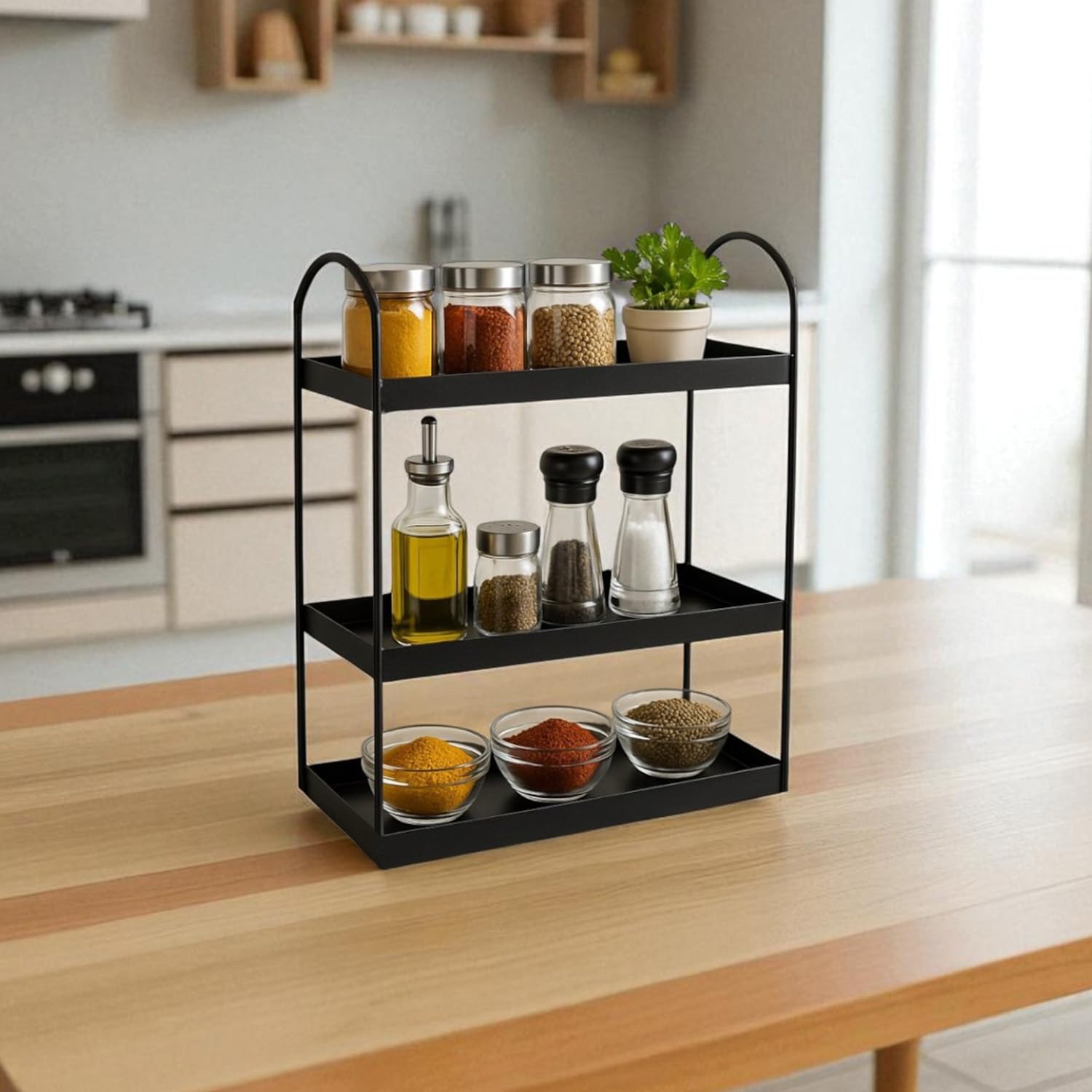 Go Hooked 3 Tier Curved Metal Vanity Organizer – 45cm Tall Countertop Storage Rack for Bathroom, Dressing Table & Desk | Powder Coated Rust-Resist Iron | Freestanding Space-Saving Shelf (Black) 1