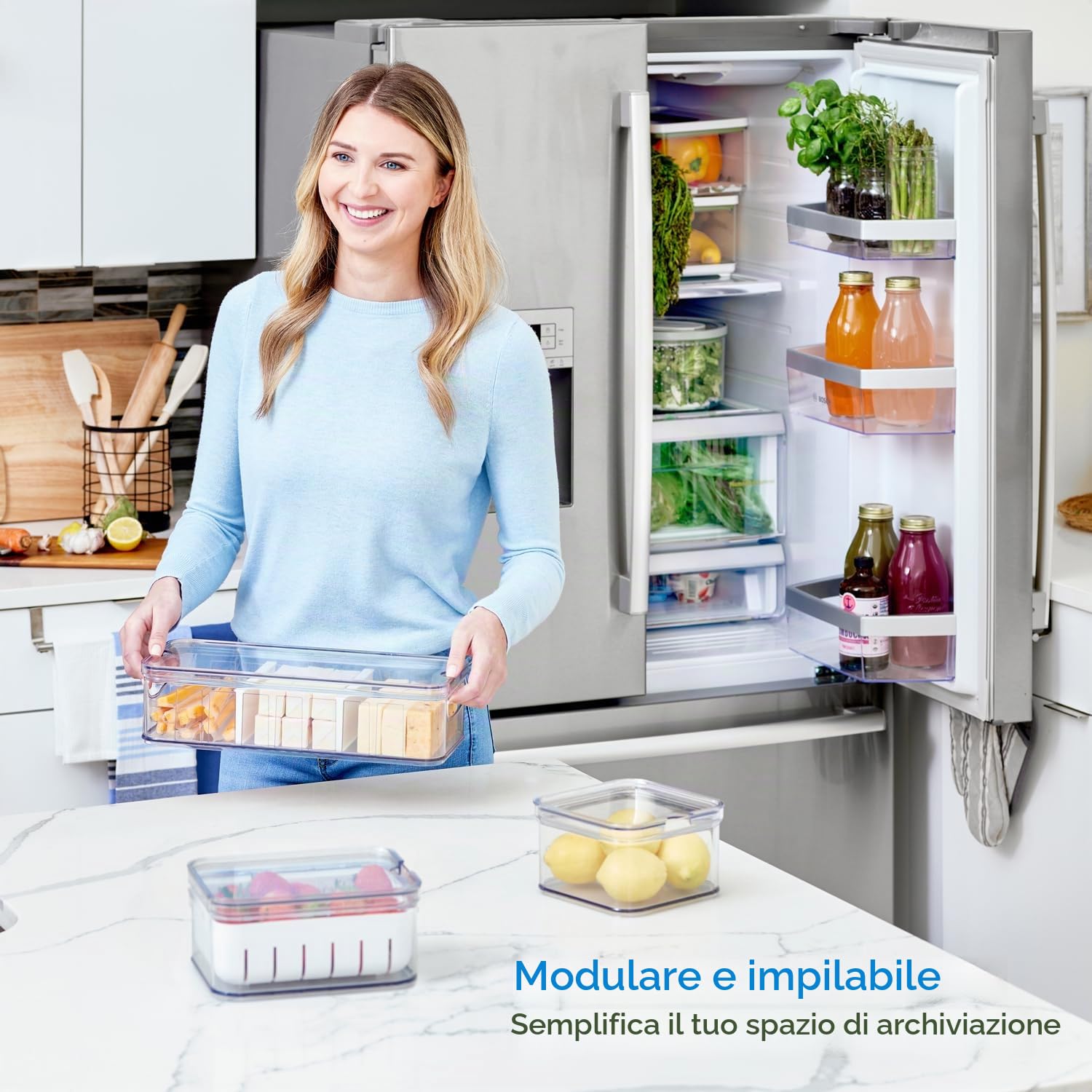iDesign Organizer Frigorifero, Contenitori frigo con Coperchio in Set da 3, Contenitori per Frigorifero in plastica Riciclata per l'organizzazione di Alimenti, Trasparente/Bianco