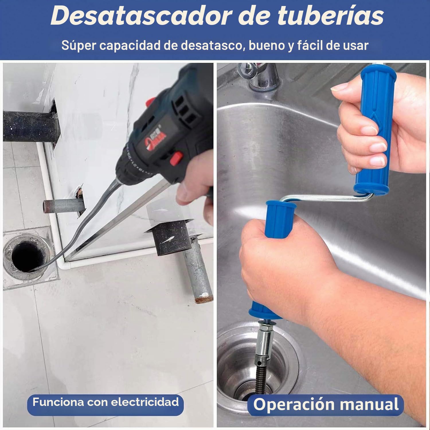 Para limpieza de tuberías 5m,10mm de diámetro sirga desatascar tuberias,con adaptadores eléctricos y manuales (5m)