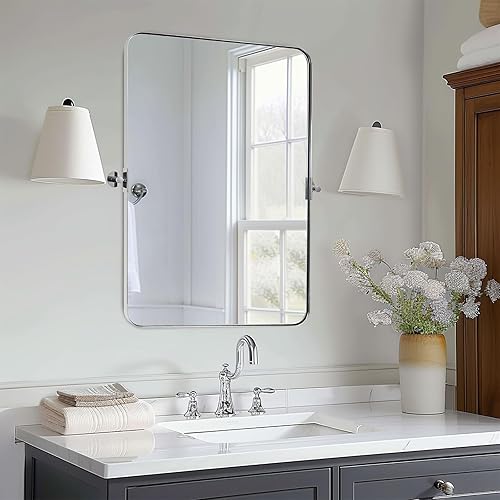 Miniatura 6 de MOON MIRROR Espejo giratorio cromado pulido para baño, espejo de tocador de baño inclinable, espejo pivotante rectangular redondeado, total 24.33 x