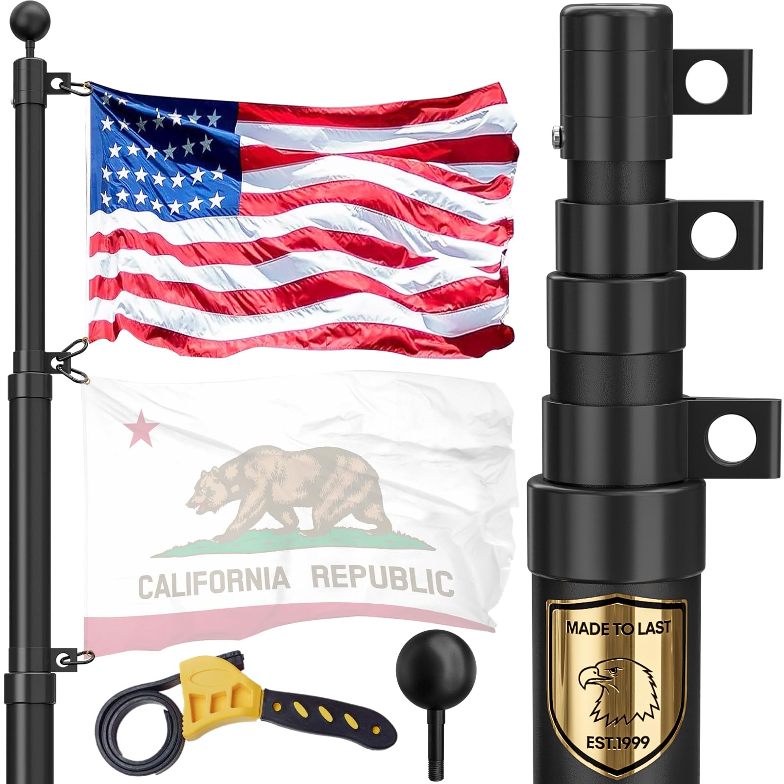 11 Gauge Telescoping Flag Pole, 20 FT Heavy Duty Telescopic Flag Pole for Outside House, Outdoor Aluminum In Ground Flagpole Kit with 3x5 American Flag for Residential or Commercial, Black