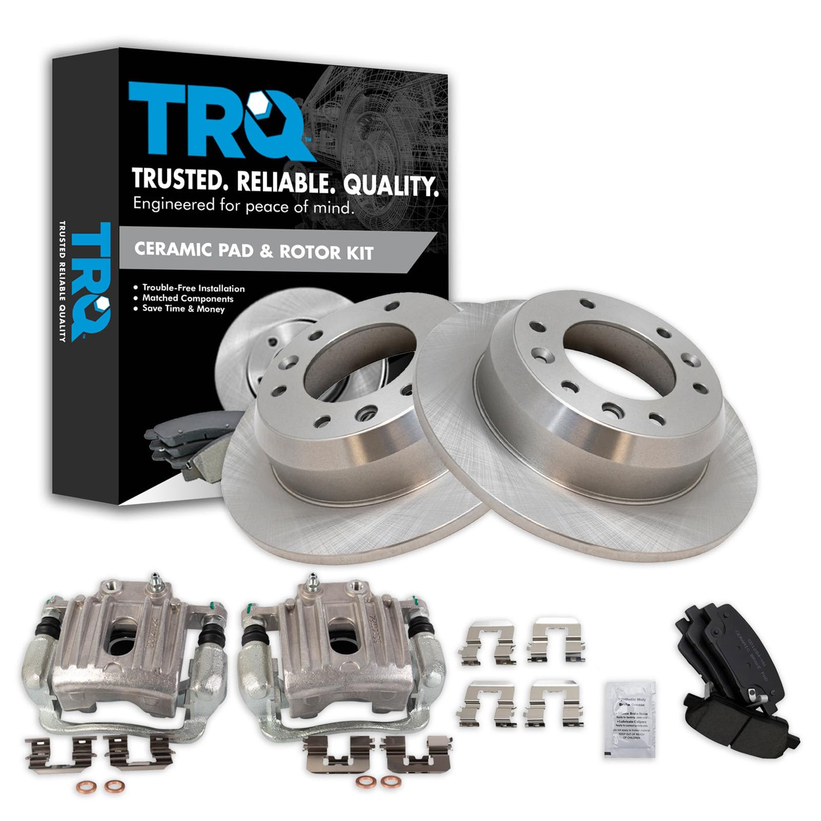 TRQ Rear Brake Pad and Rotor Set Ceramic Solid Rotors Calipers Compatible with 2007-2008 Hyundai Entourage