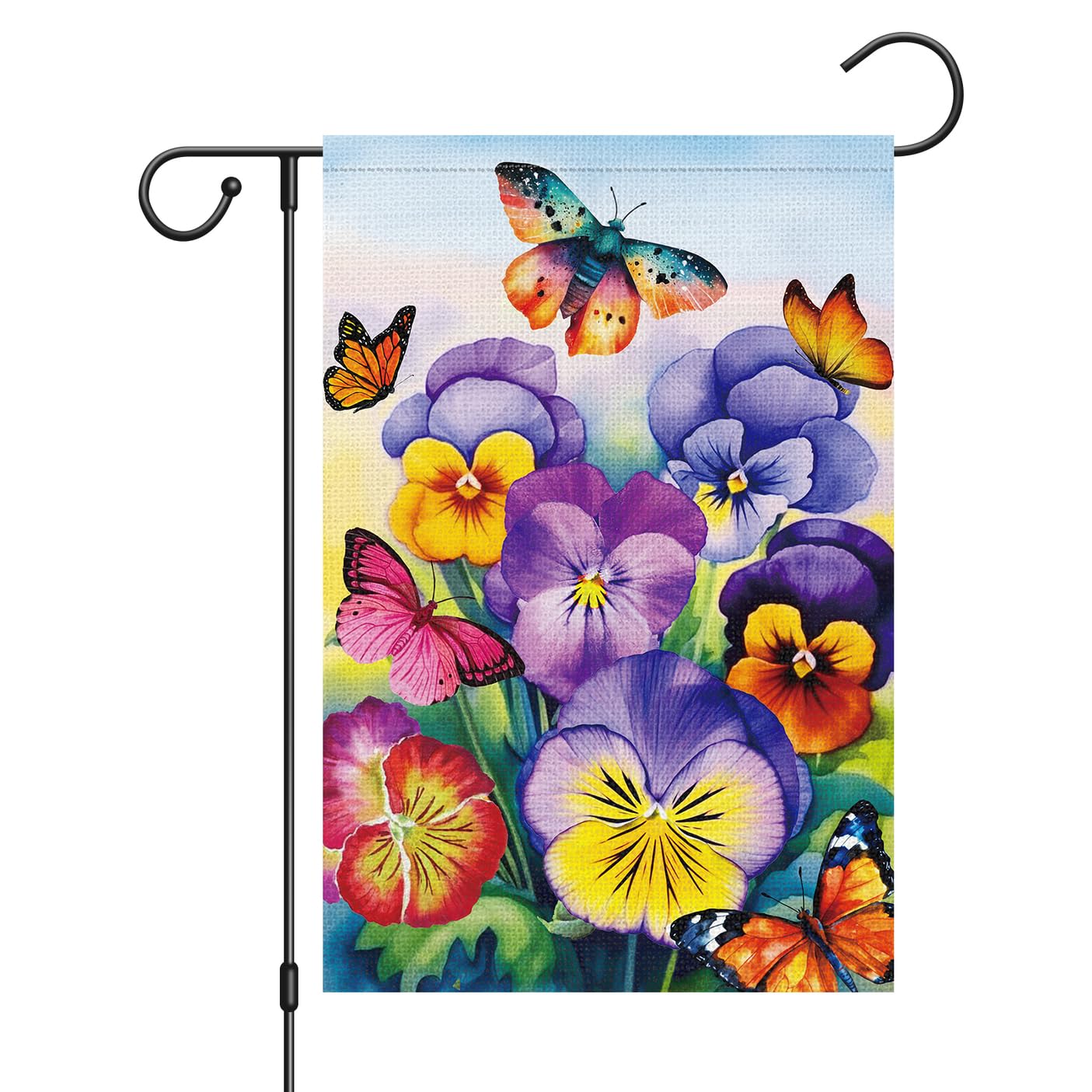 Louise Maelys Welcome Spring Garden Flag 12x18 Double Sided Vertical, Burlap Small Butterfly Pansy Floral Hello Yard House Outside Outdoor House Summer Decoration