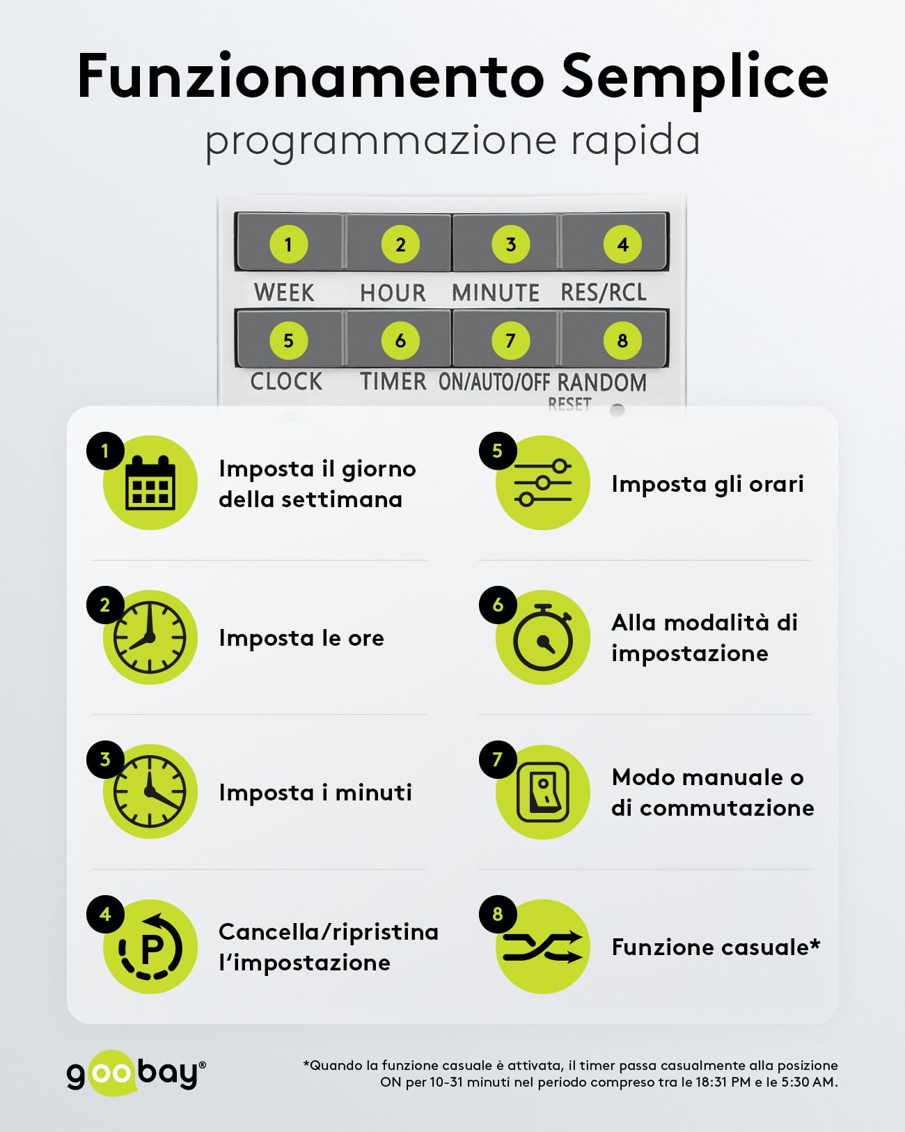 goobay - Set di 4 timer digitale con 16 programmi – Timer con modalità casuale per protezione anti-intrusione – Presa timer inclusa 100 giorni batteria back-up – 3680 W – 230 V (AC) – 16 A – 74217
