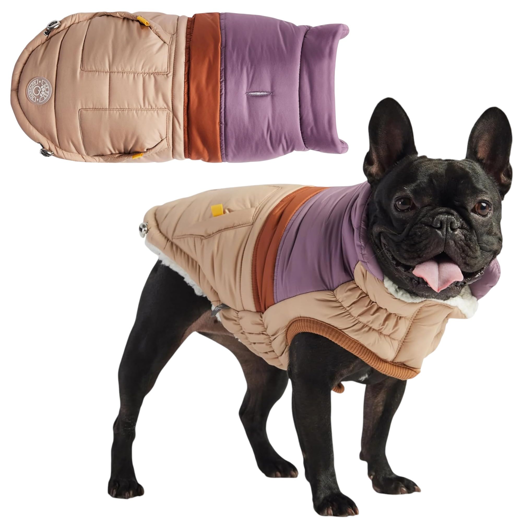 GF Pet Dog Puffer Jacket Elasto-Fit Warm Coat for Dogs Water Repellent Padded Winter Bomber - Sand - XL, Beige