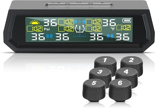 RV Tire Pressure Monitoring System TPMS - 6 Sensors Solar Wireless, Real-Time Monitoring with LCD Display & Alarm, Waterproof for RV Trailer Motorhome Tires T026