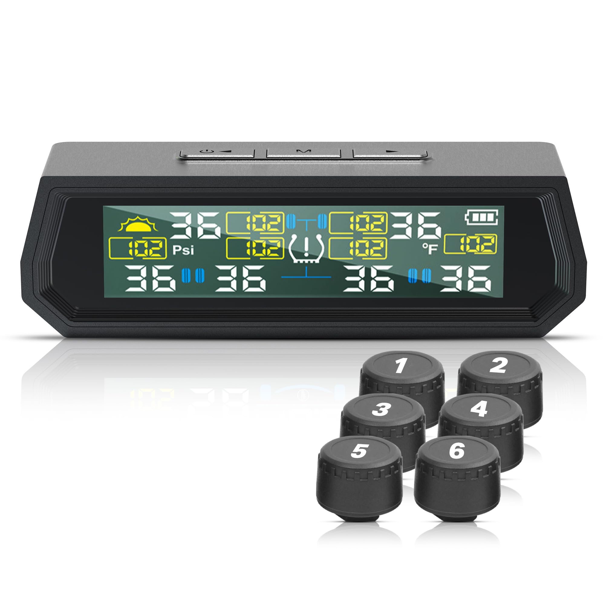 RV-Reifendruckkontrollsystem (TPMS) – 6 Sensoren, solarbetrieben, kabellos, Echtzeitüberwachung mit LCD-Display und Alarm, wasserdicht für Wohnmobil, Anhänger, Wohnmobil, Reifen, T026