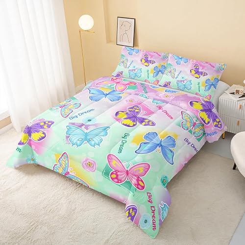 QOOMO Colourful Butterflies Kids Comforter Set Rainbow Gradient Lightweight Fluf