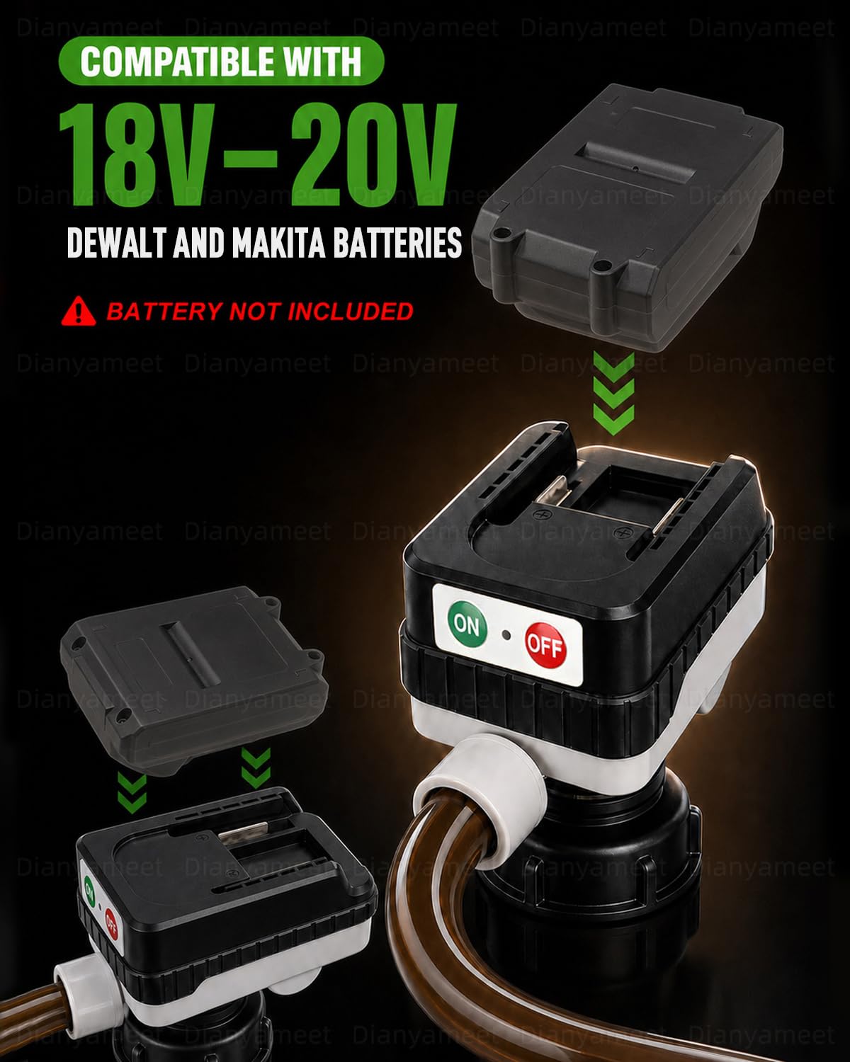 Pompe de transfert Carburant 15L/min électrique universelle avec Auto-Stop | Tuyau PVC 130cm, pour Diesel/Essence, Compatible pour DeWalt 20V & Milwaukee 18V, 4 Adaptateurs + Universel (Sans Batterie)