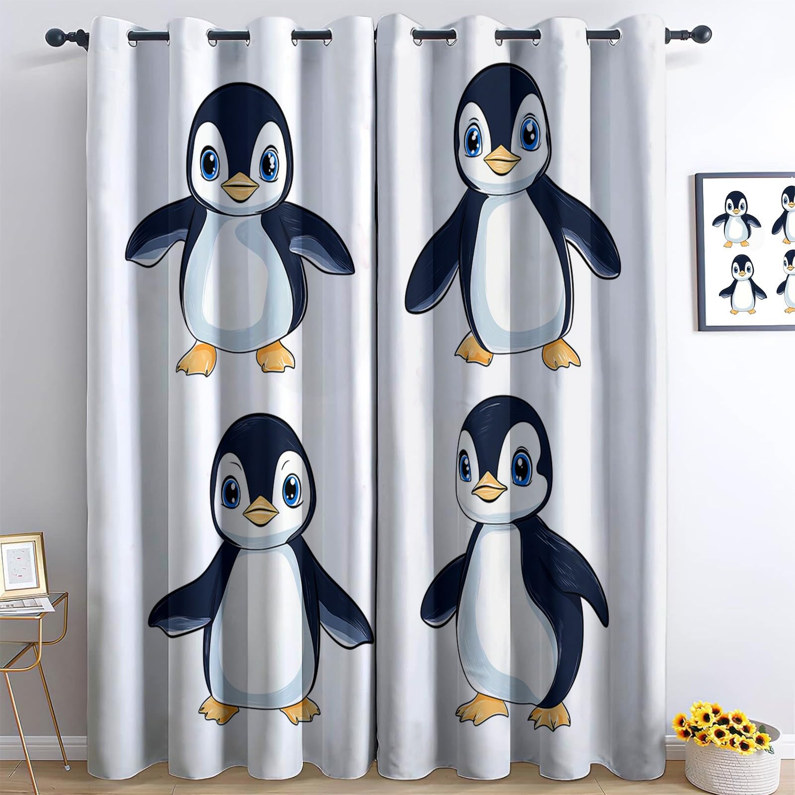 Generisch Weiß 2er Set Verdunkelungsvorhänge mit Ösen, Cartoon-Pinguin Illustration Blickdicht Thermo Isoliert Vorhänge für Wohnzimmer & Schlafzimmer, HxB 214 x 91.5 cm