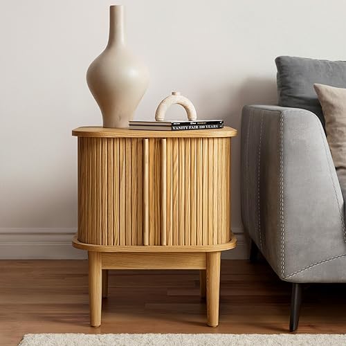Miniatura 6 de Fluted Nightstand with Sliding Doors, Modern Bedside Table with Solid Wood Legs, Wood Night Stand for Bedroom (Natural)