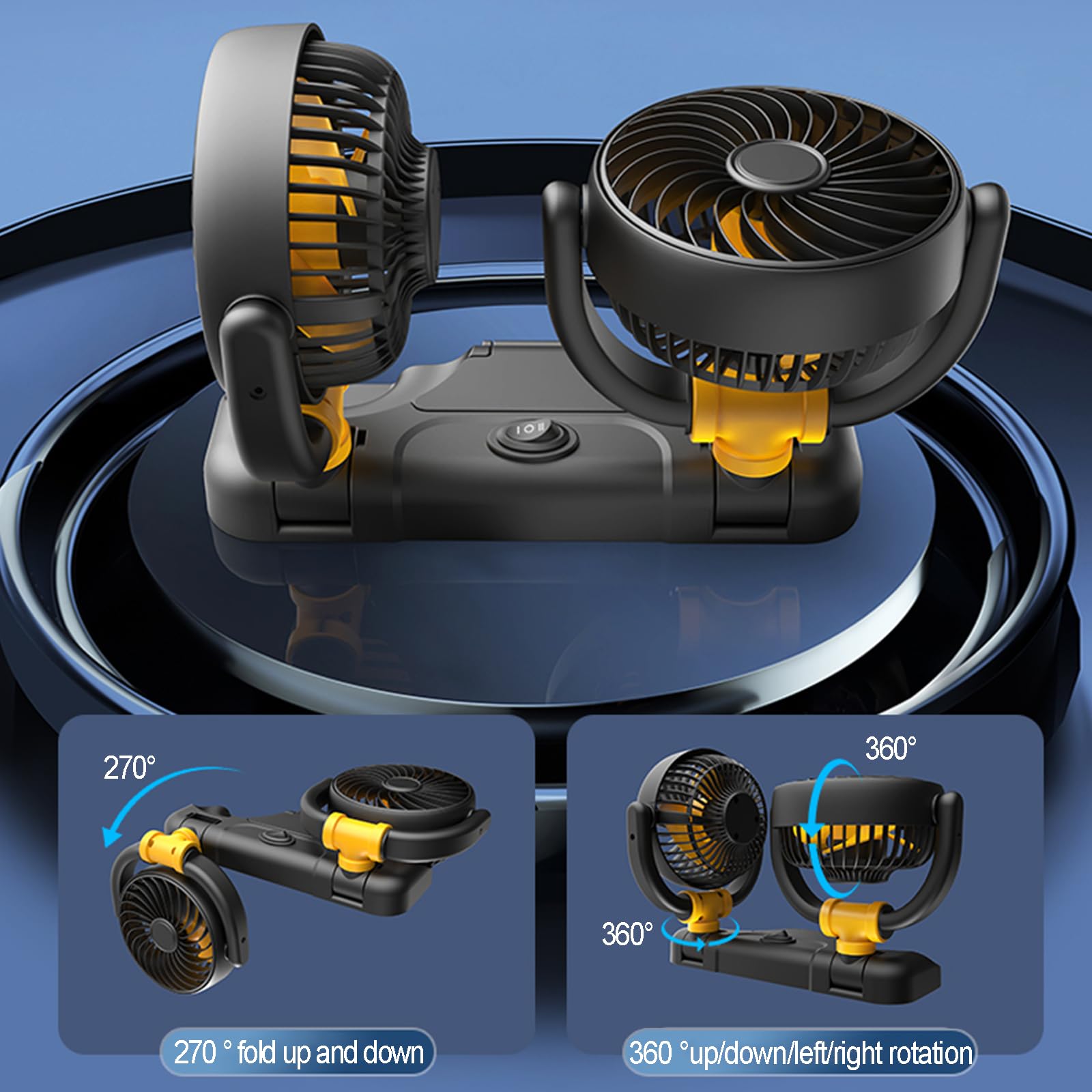 Ventilatore per auto, 12 V, doppia testa, per auto, girevole a 360 gradi, con presa accendisigari, potente e silenzioso, per auto, furgone, camper, barca