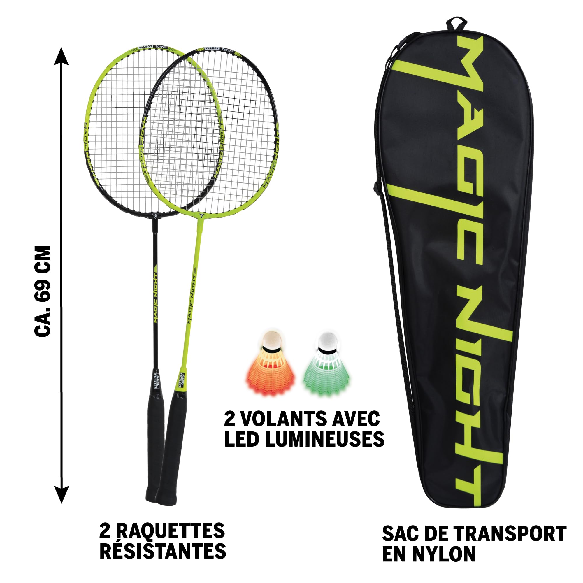 Talbot Torro Set de Badminton Magic Night, 2 Raquettes et 2 Volants avec LED, pour Jouer pour la Nuit, Dans un Sac, 449405