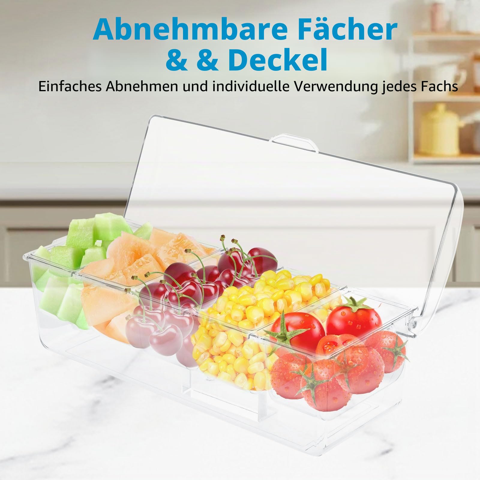 Kühle Genüsse - Ice Bar Set mit 5 Einsätzen, 5 Löffeln und 2 Zangen - Cocktailparty, Bar, Buffet - Pizza, Obst - BPA-frei, leicht zu reinigen - Großer Kapazität, Serviertablett für Obst