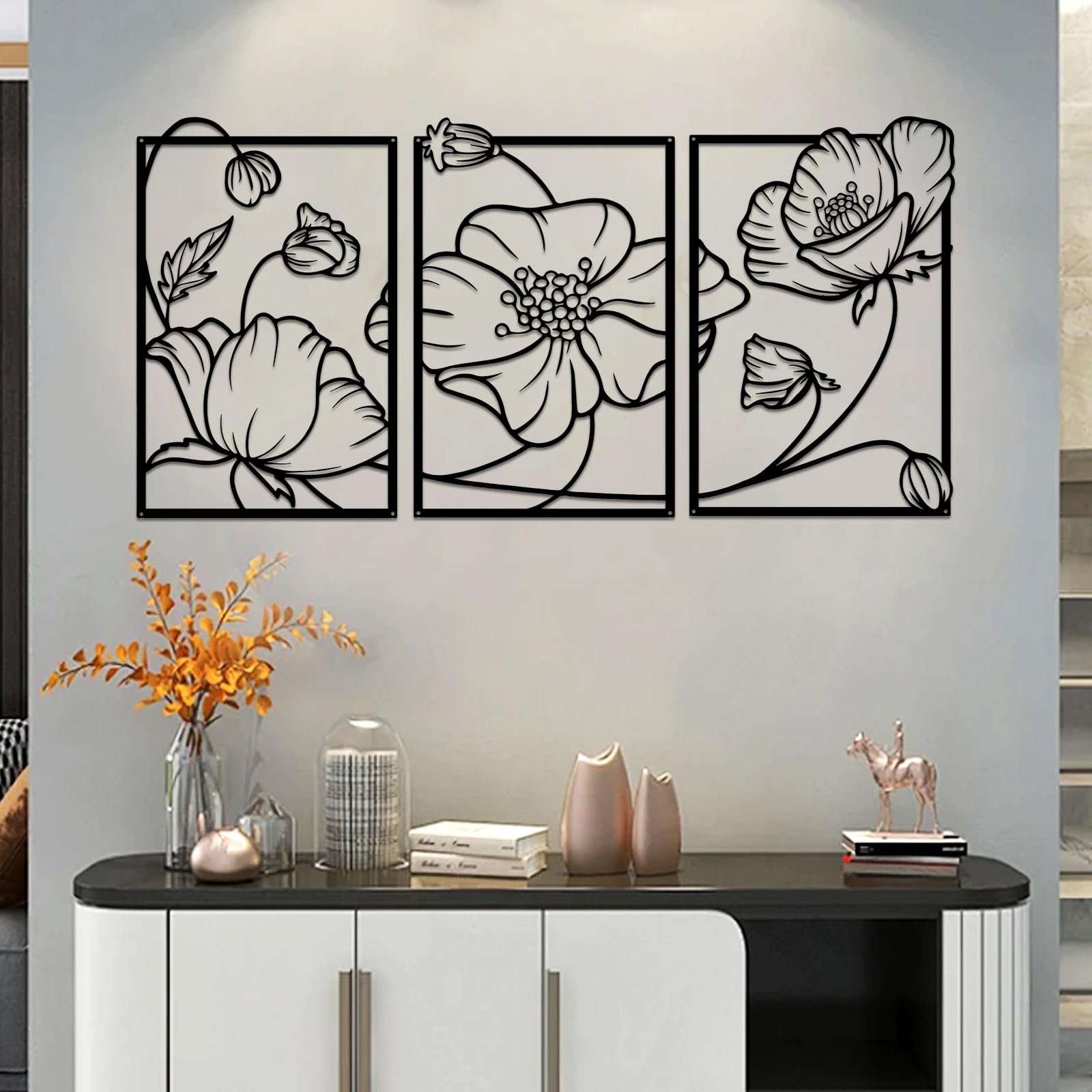 YiYa 4 Piezas Decoración de flores metálicas, Decoración minimalista de metal negro, Metal decorativo de pared moderno Para el dormitorio de la sala de estar en el hogar