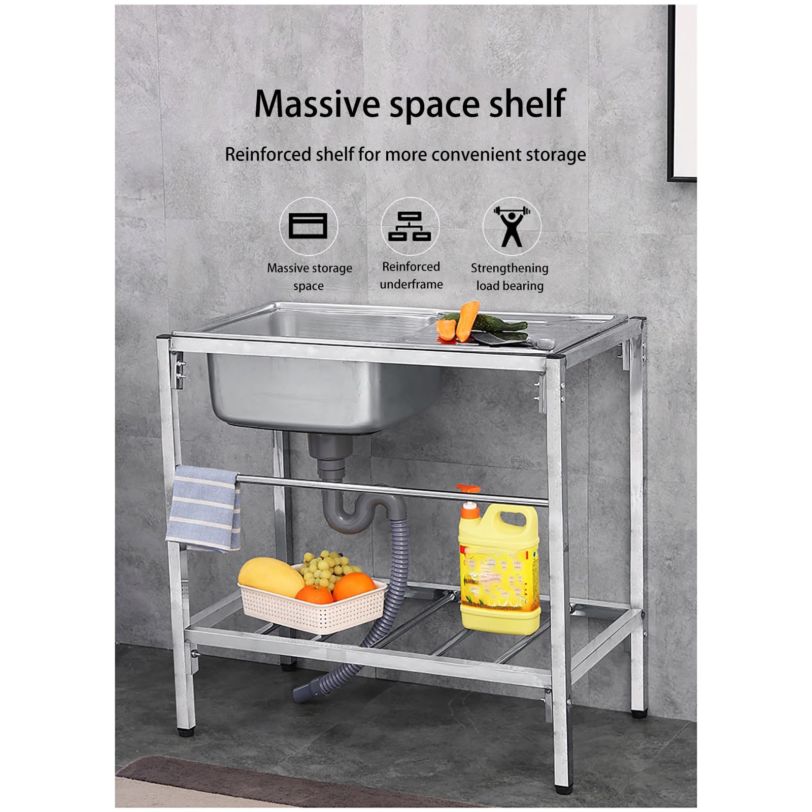 Lavello Portatile Indipendente, Lavello da Cucina in Acciaio Inossidabile per Esterni, Lavello per Ristorante Commerciale, con Supporto e Rubinetto, per Lavanderia, Garage, Fattoria