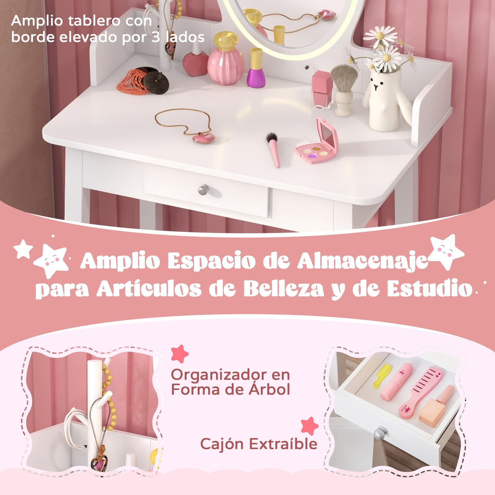 RELAX4LIFE Tocador de Maquillaje Niña 2 en 1 con Espejo Extraíble, Luces LED 2 Colores y Taburete, Blanco