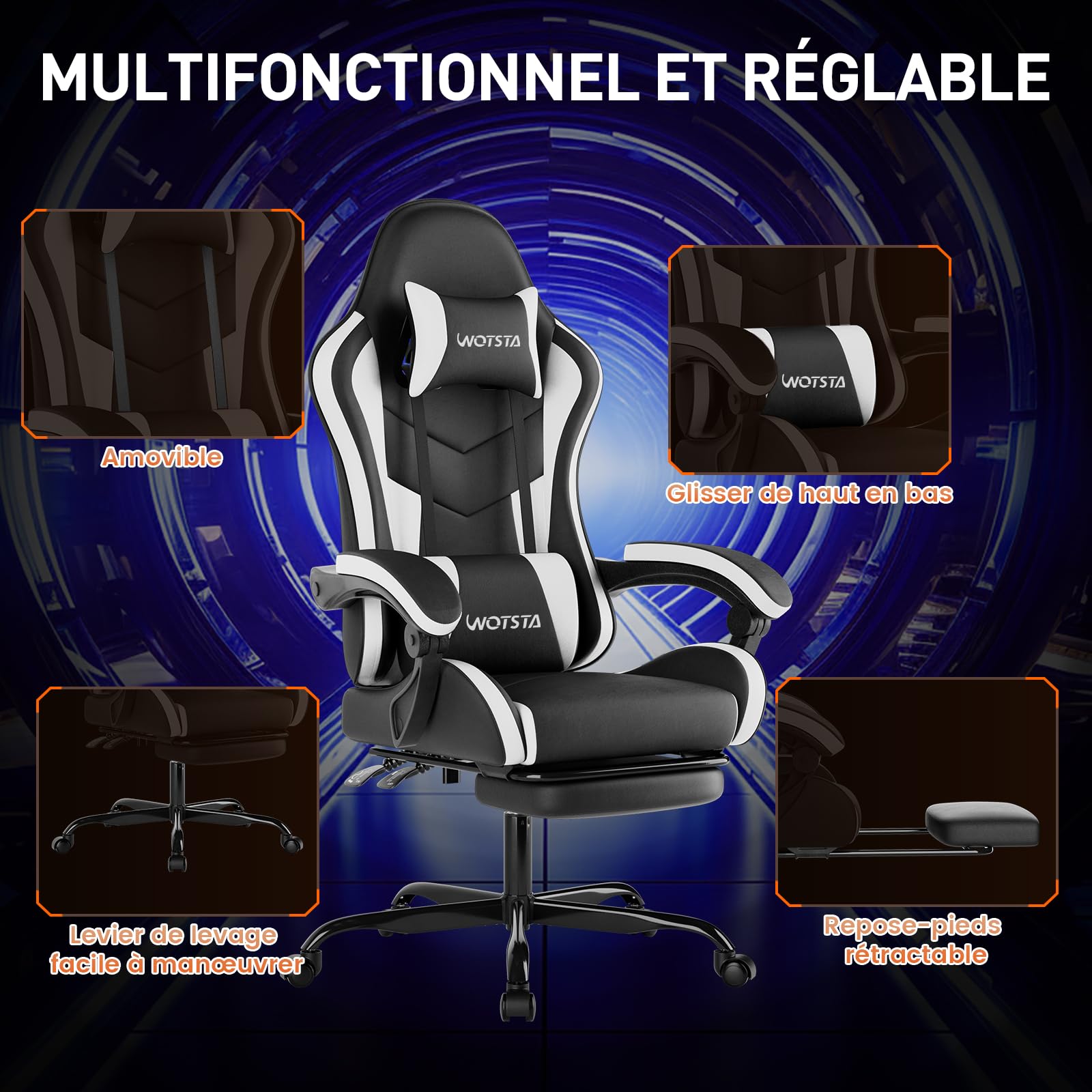 Silla Gaming, Sillón Gamer con Masaje Lumbar, Silla Ergonómica Reposapiés Retractable, Asiento Gaming Cómodo de Cuero, Silla Oficina con Respaldo Inclinable a 135°, Carga 120 KG