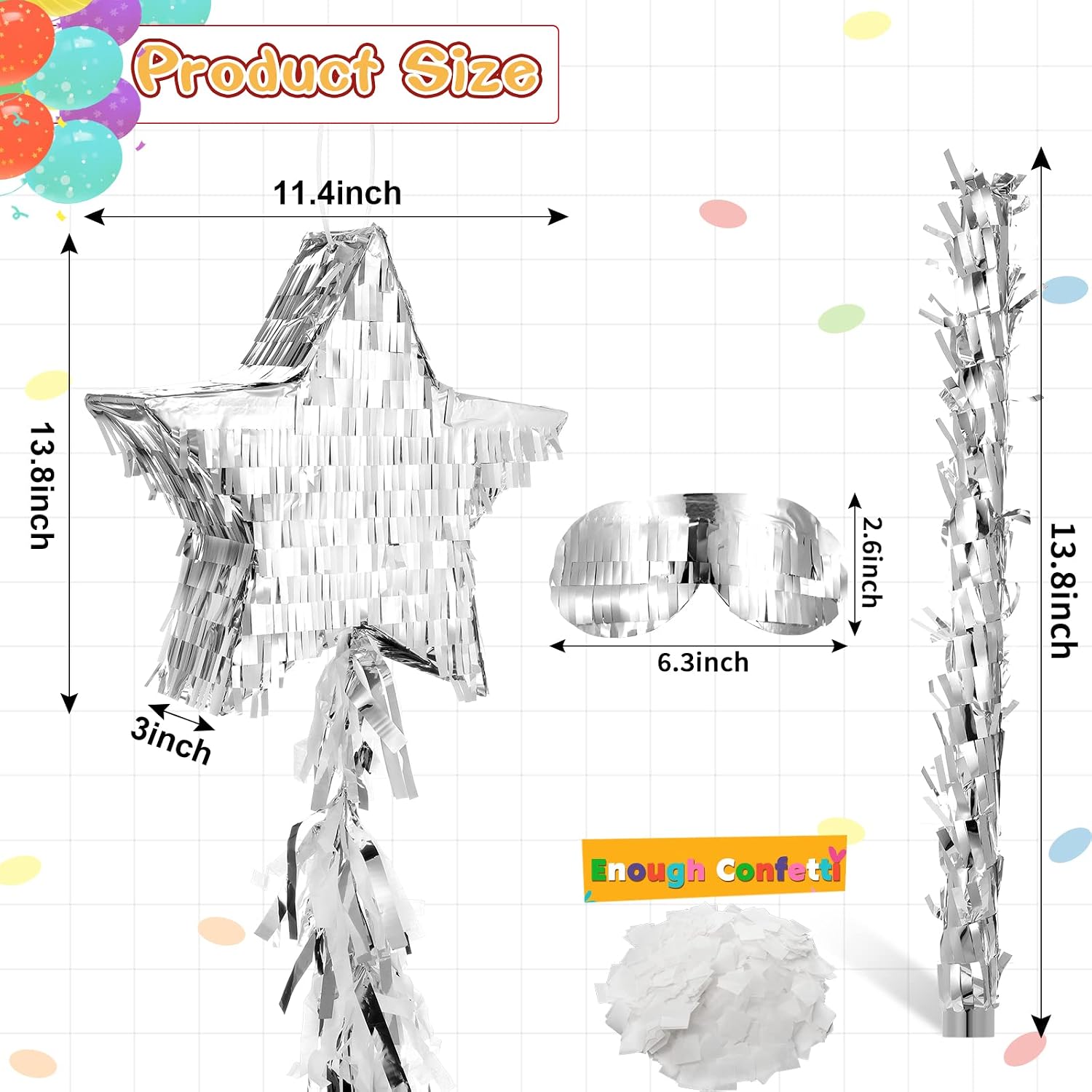 Sratte Star Piñata with Tassel Mini Silver Piñata Festive Star Piñata with Stick Blindfold Confetti Foil Piñata 12 x 12 x 3 Inch for Adults Anniversary Mexican Birthday Baby Shower Party