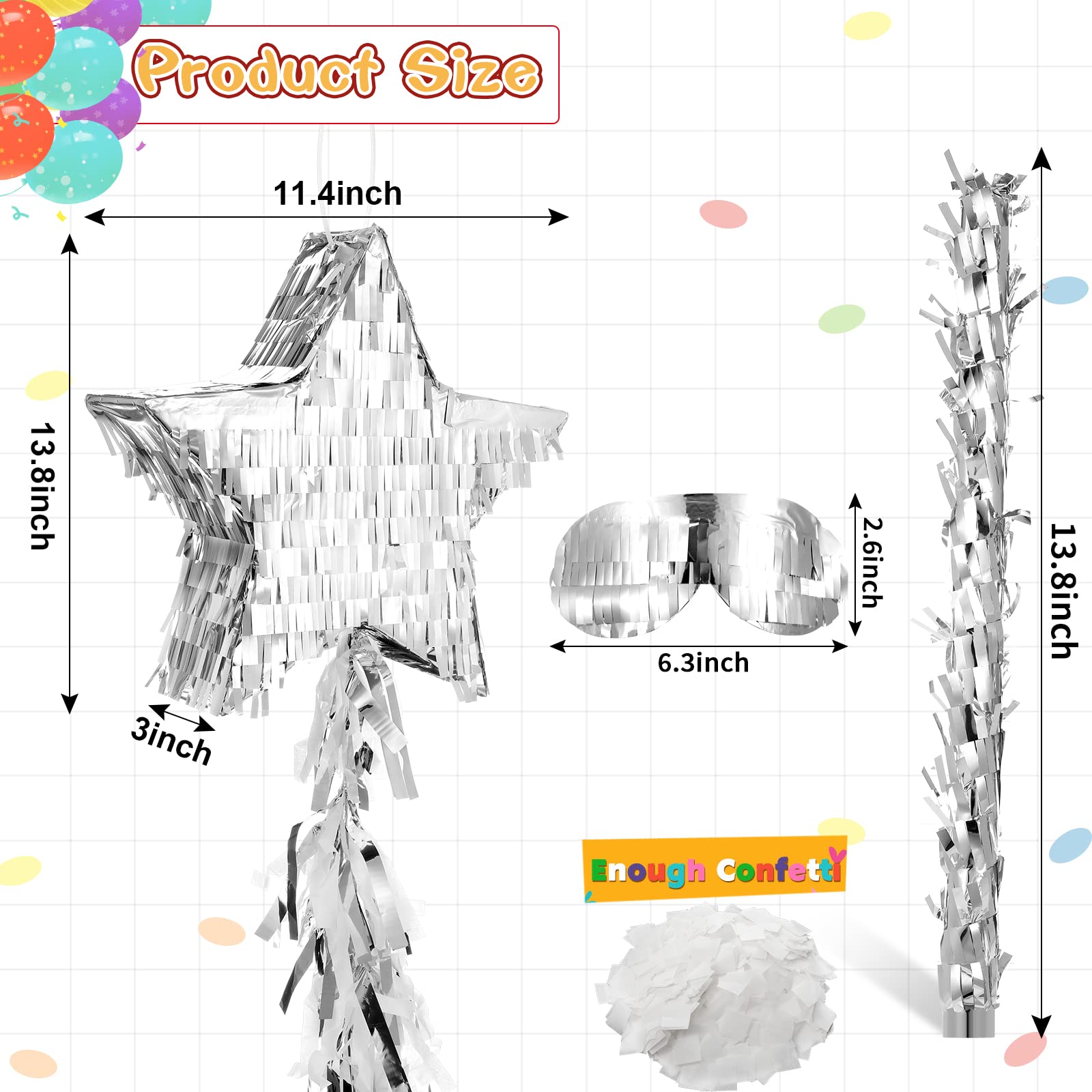 Star Pinata with Tassel Mini Silver Foldable Pinata Festive Star Pinata with Stick Blindfold Confetti Foil Pinata 12 x 12 x 3 inch for Kids Adults Anniversary Mexican Birthday Baby Shower Party