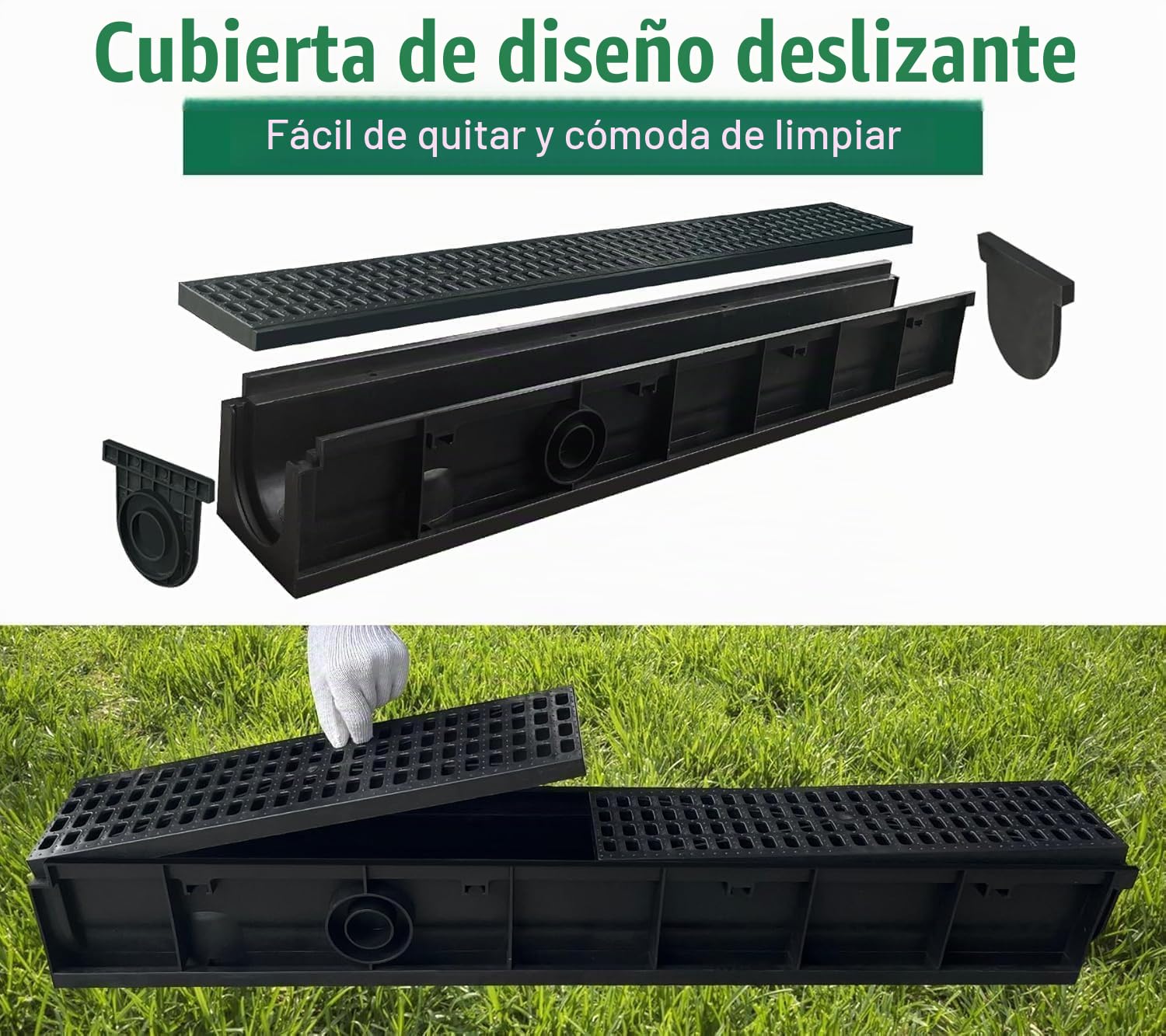 Canaleta de drenaje (6 metros) con rejilla de plástico, altura de drenaje: 100 mm, EN1433 A15, canalón con 2 tapas de extremo, para terraza, jardín, transitable, resistente a las heladas