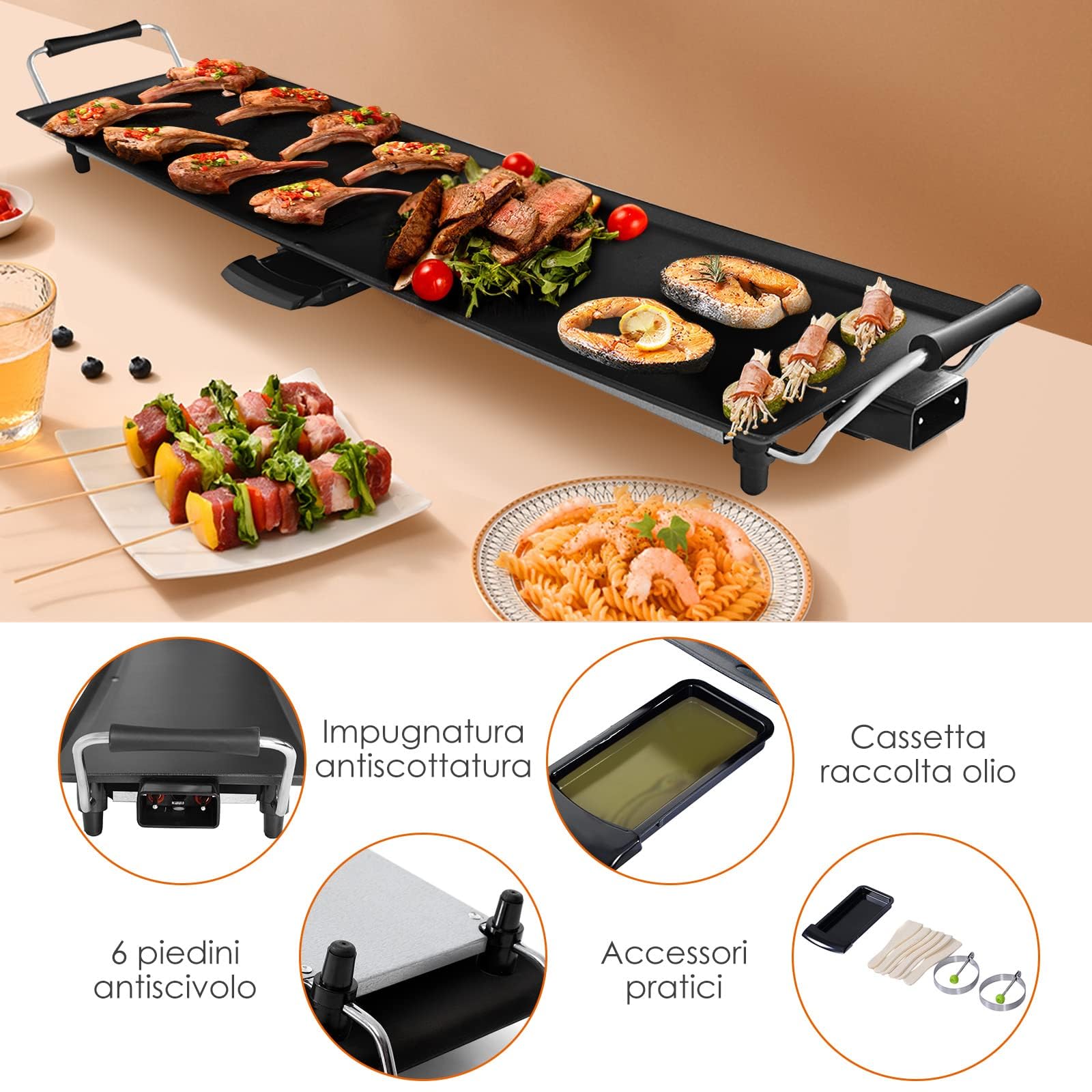 RELAX4LIFE 1800W Griglia Elettrica Antiaderente, Piastra Elettrica con Doppia Zona di Cottura, Termostato Regolabile 4-5 Livelli, Vassoio Raccolta Grasso Rimovibile, con Spatole e Anelli (90×23cm)