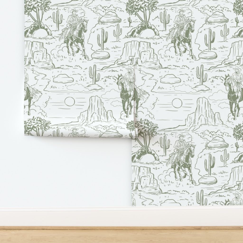 Peel & Stick Wallpaper Swatch - Retro Western Vintage Cowboy Toile De Jouy Sage Green White Large Scale Rodeo Cowgirl Wild West Custom Removable Wallpaper by Spoonflower