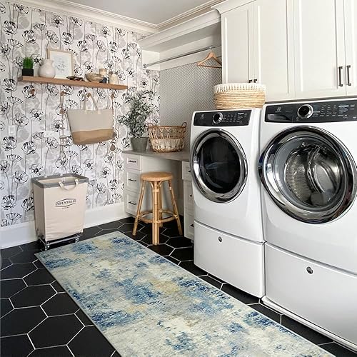 Miniatura 6 de Lahome Alfombra abstracta moderna  2 x 8 pulgadas, color azul, para pasillos, alfombra de baño, alfombra de cocina, lavable y antideslizante, para