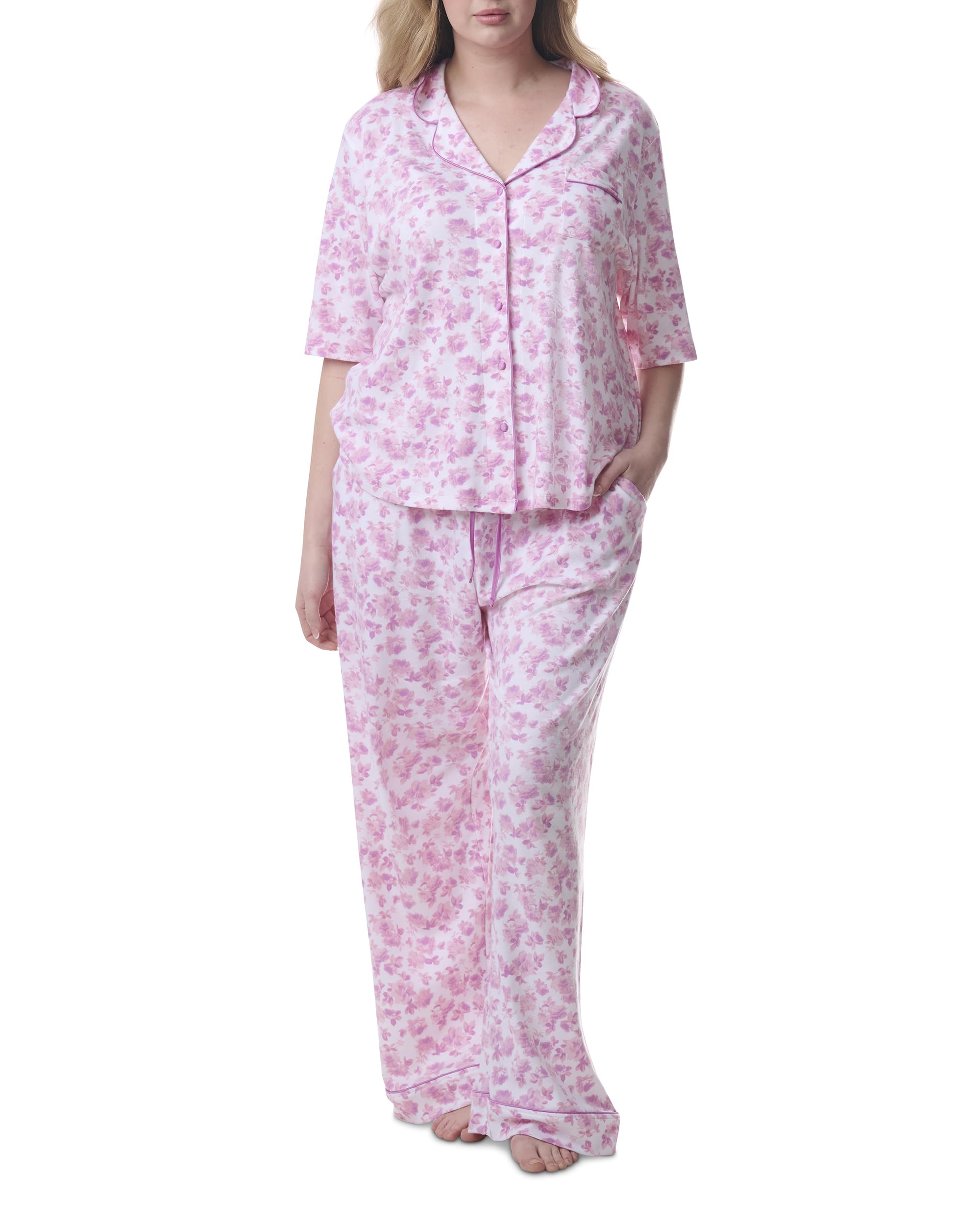 Karen Neuburger Women's Plus Size Girlfriend Notch Collar Elbow Length Sleeve Top and Pant Bottom Pajama Set