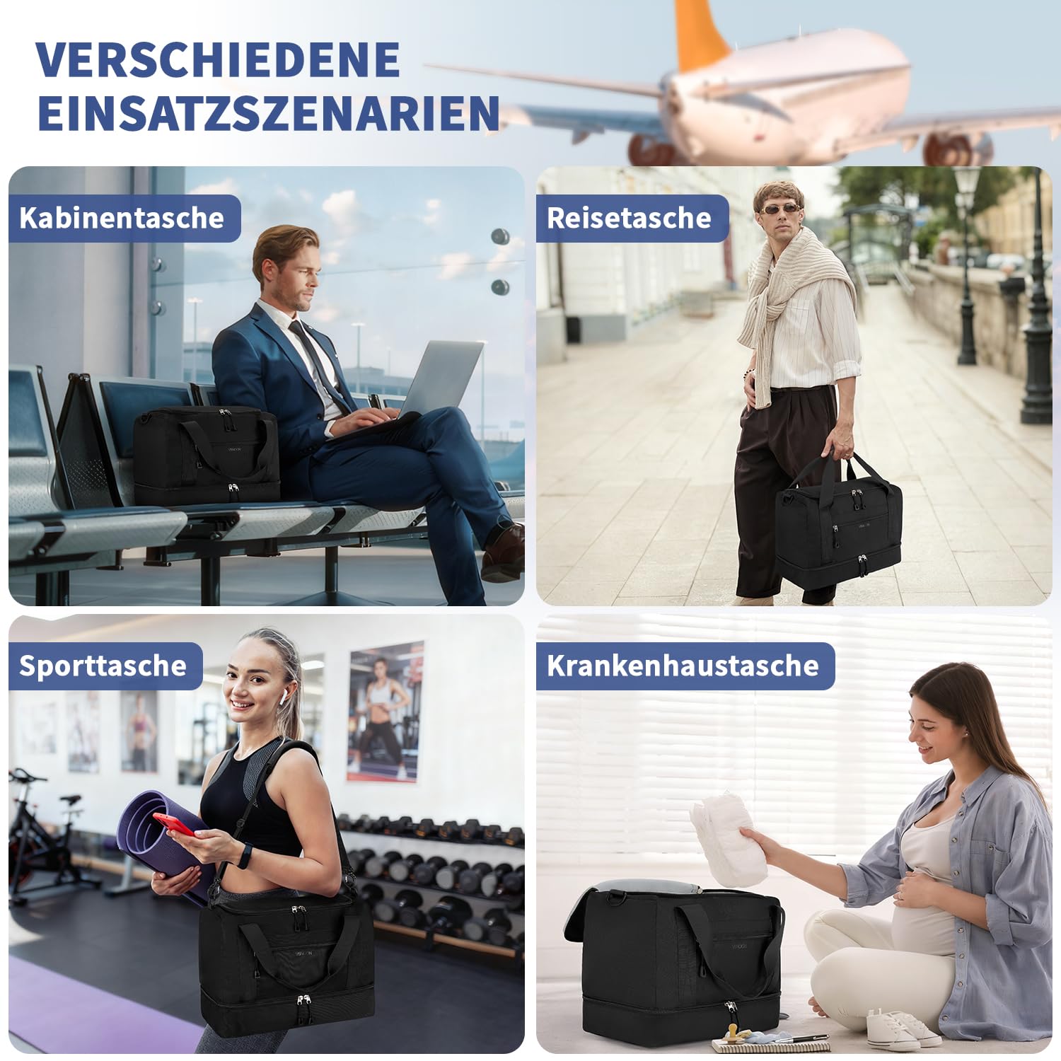 VSNOON Neuer Ryanair Handgepäck 40x30x20 Kabinentasche, 24L Handgepäck Tasche mit Nasse Tasche und Schuhfach wasserdichte Faltbare Reisetasche für EasyJet Weekender Fitness Urlaub Krankenhaus,Schwarz