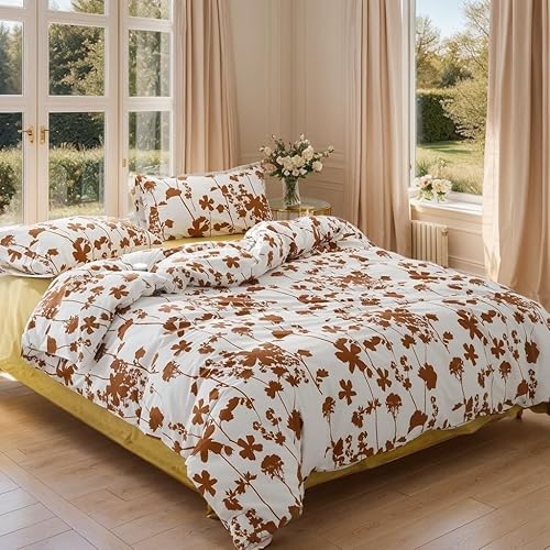 Miniatura 2 de FADFAY Juego de funda de edredón de algodón naranja quemado, tamaño Queen, juego de funda de edredón floral blanco terracota con cremallera, ropa de