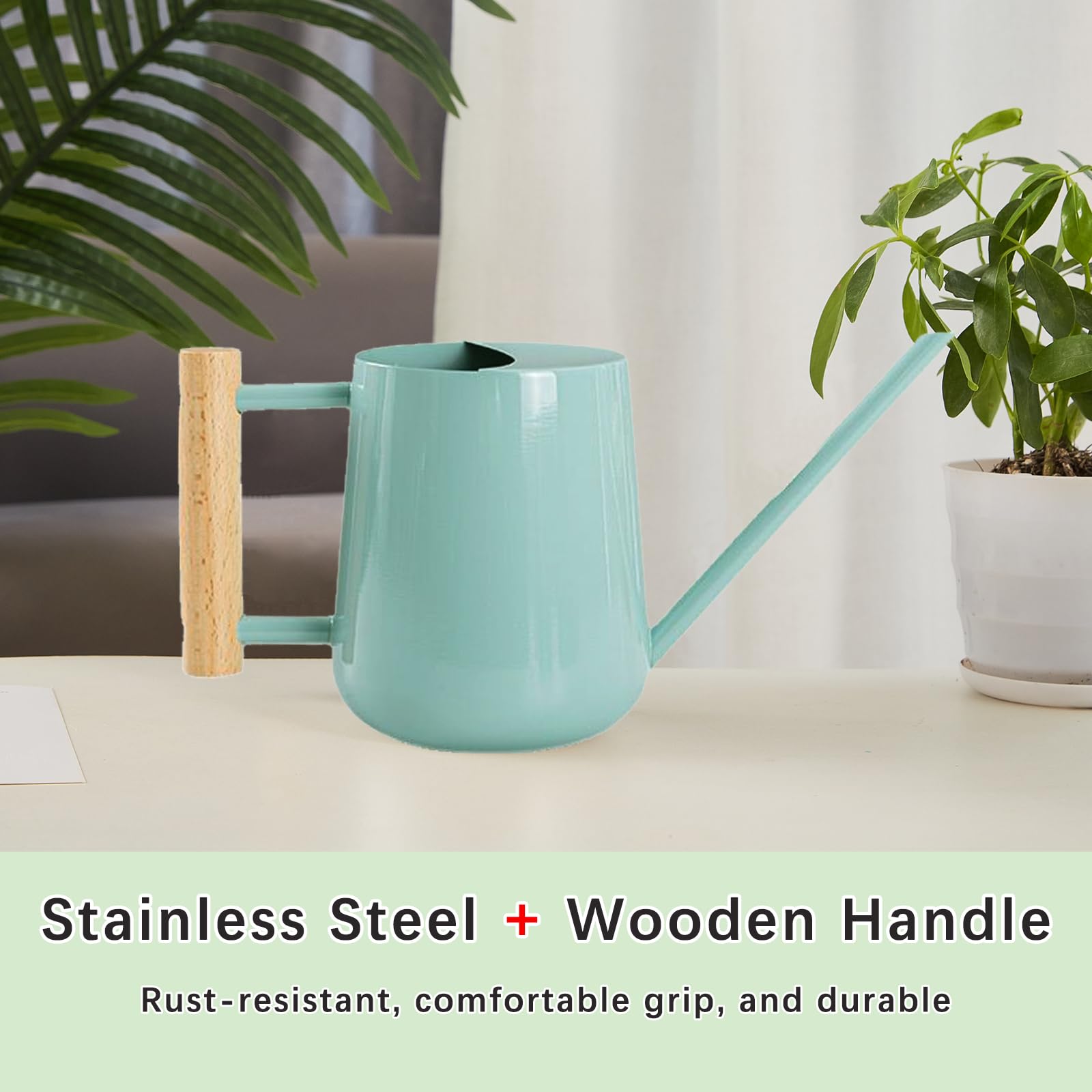 Arrosoir en Acier Inoxydable 1L(35oz), 1000ml Metal Arrosoir Petit pour Plante Interieur, Extérieures, Jardin, Jardinage avec Long Bec et Poignée en Bois Confortable - Bleu
