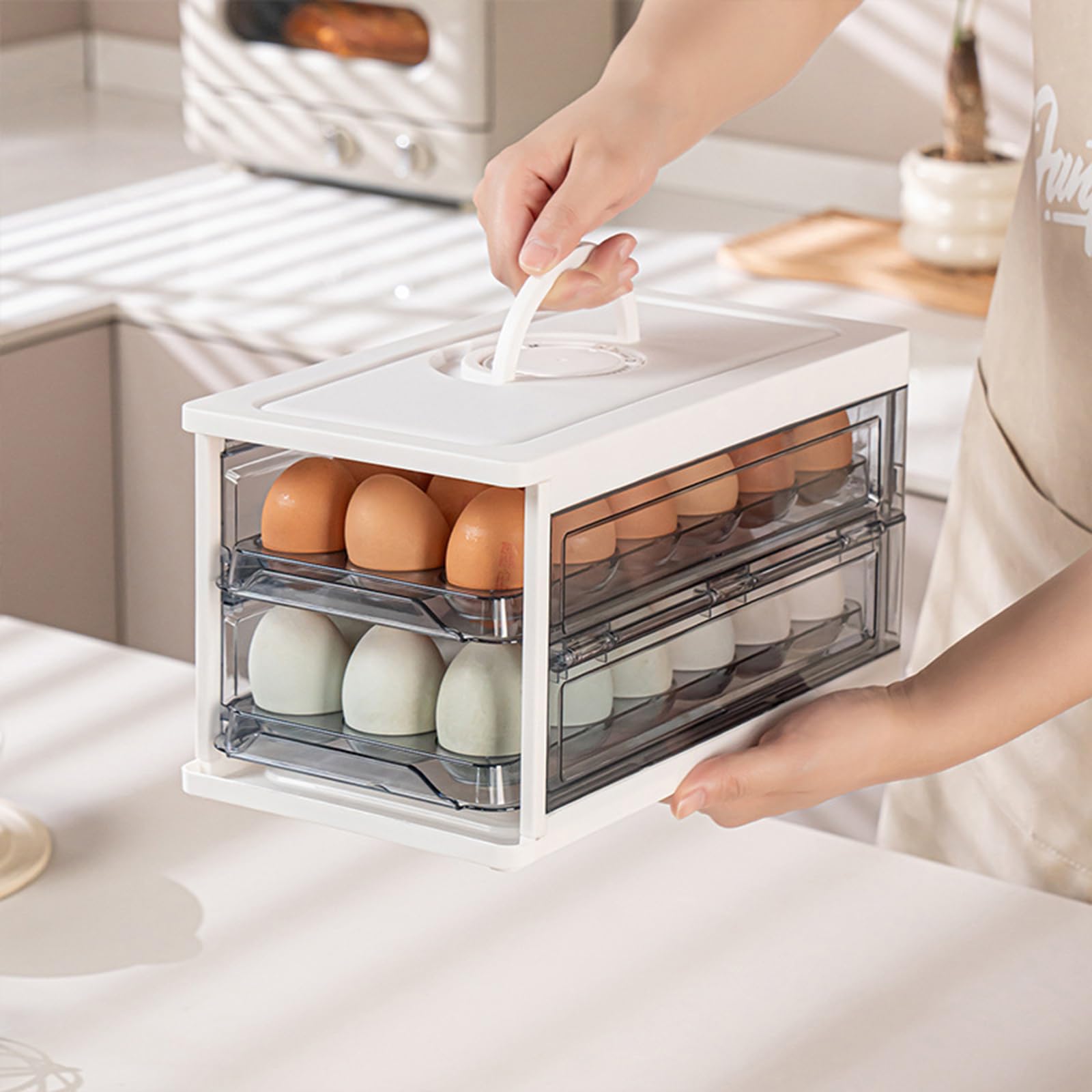 Contenedor de huevos con asa de tapa para organización de refrigerador, soporte plegable para huevos para despensas de cocina, organizadores de almacenamiento